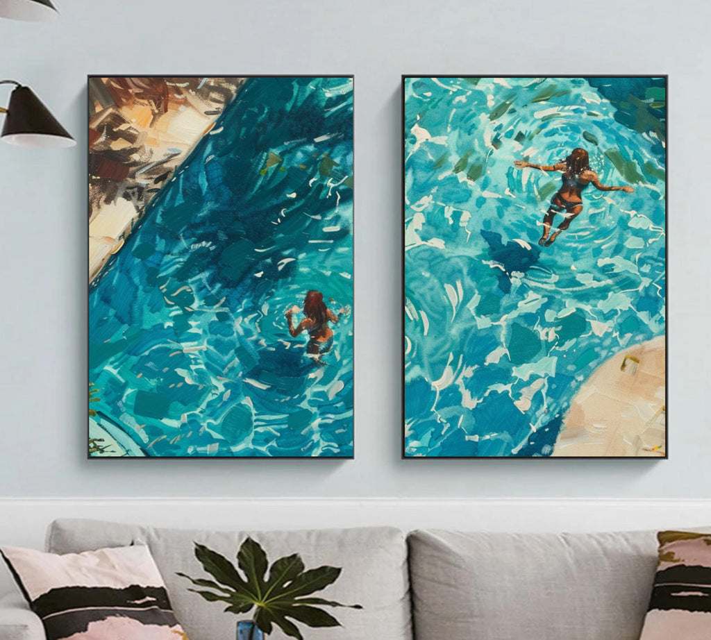 Girls swimming in Pool | Watercolor Poster Set of a Swimmer in Turquoise Water