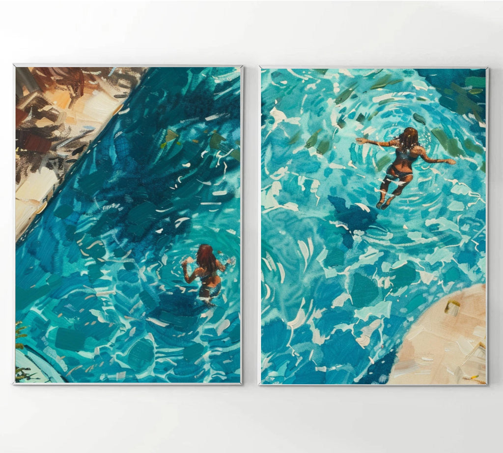 Girls swimming in Pool | Watercolor Poster Set of a Swimmer in Turquoise Water