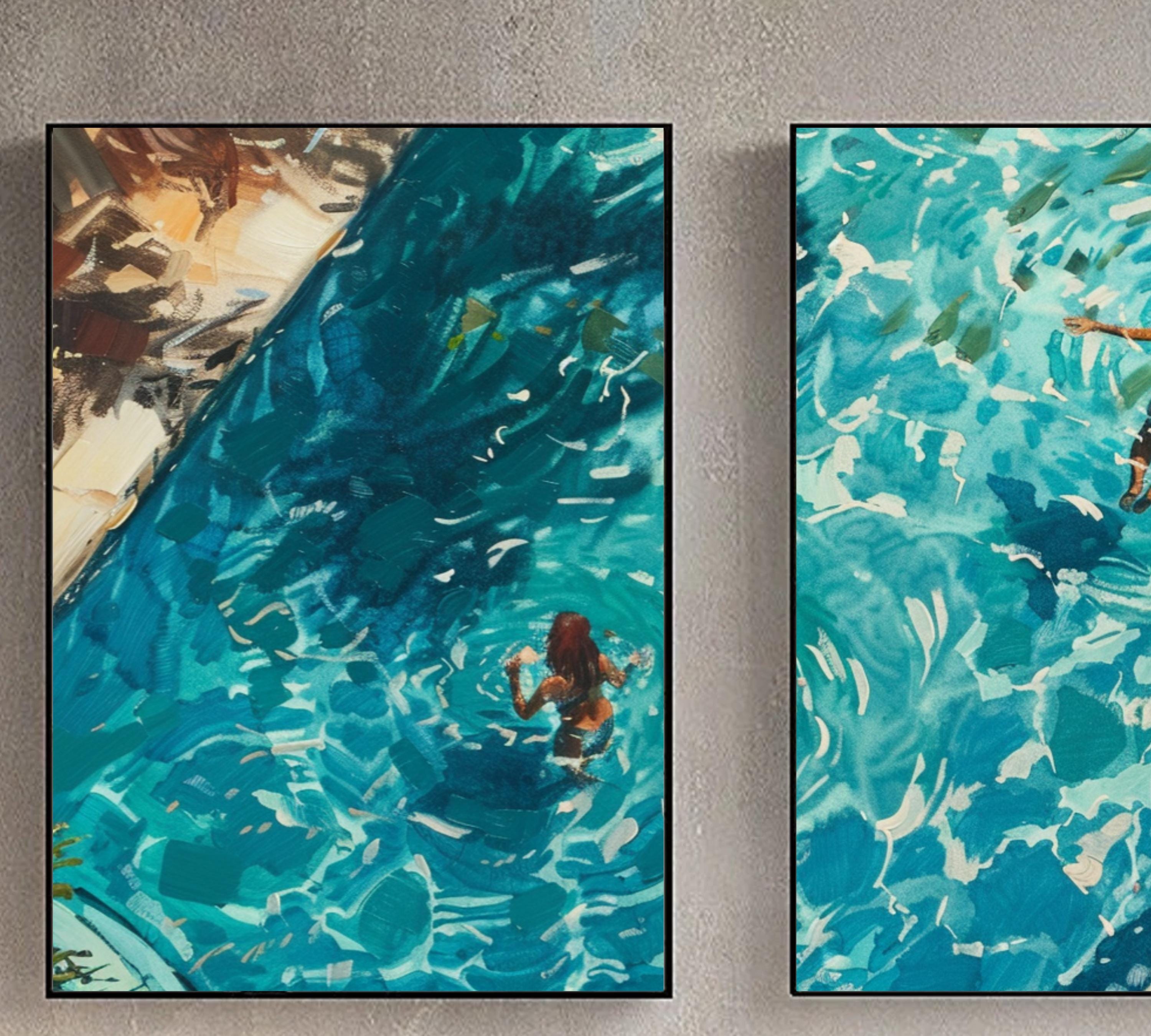 Girls swimming in Pool | Watercolor Poster Set of a Swimmer in Turquoise Water