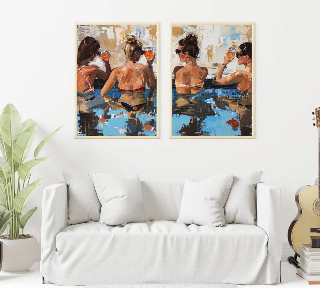 Poolside Cheers: Two-Piece Acrylic Painting Poster Set of Women Relaxing with Drinks