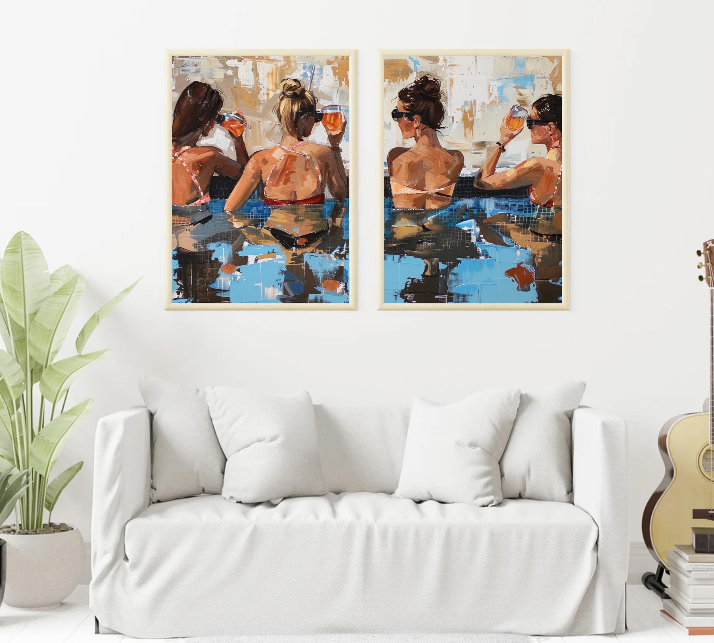 Poolside Cheers: Two-Piece Acrylic Painting Poster Set of Women Relaxing with Drinks