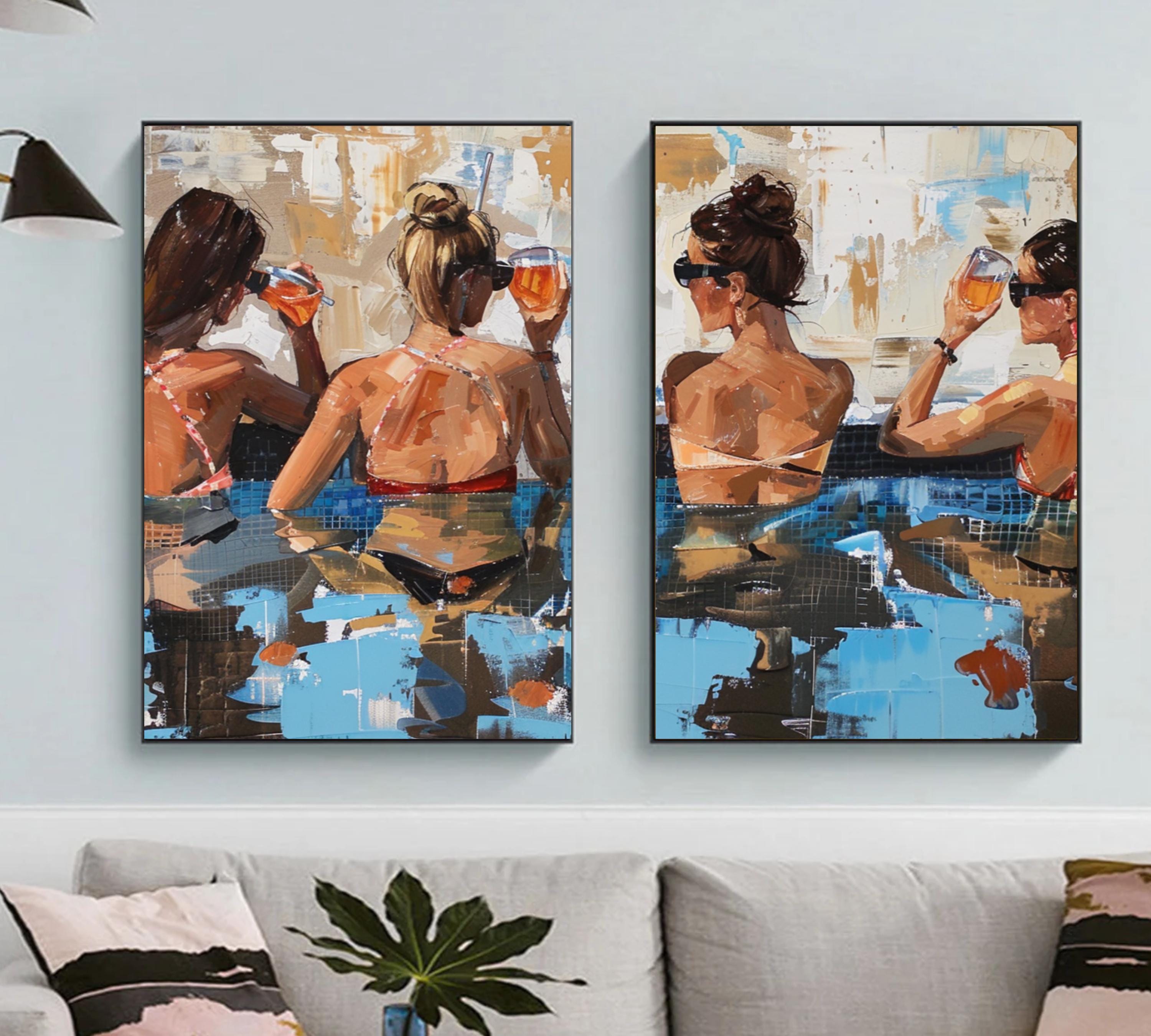 Acrylic painting of women sipping drinks in a pool, split into two poster pieces
