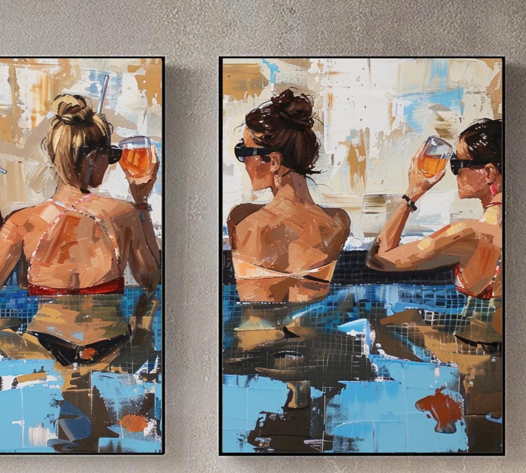 Poolside Cheers: Two-Piece Acrylic Painting Poster Set of Women Relaxing with Drinks