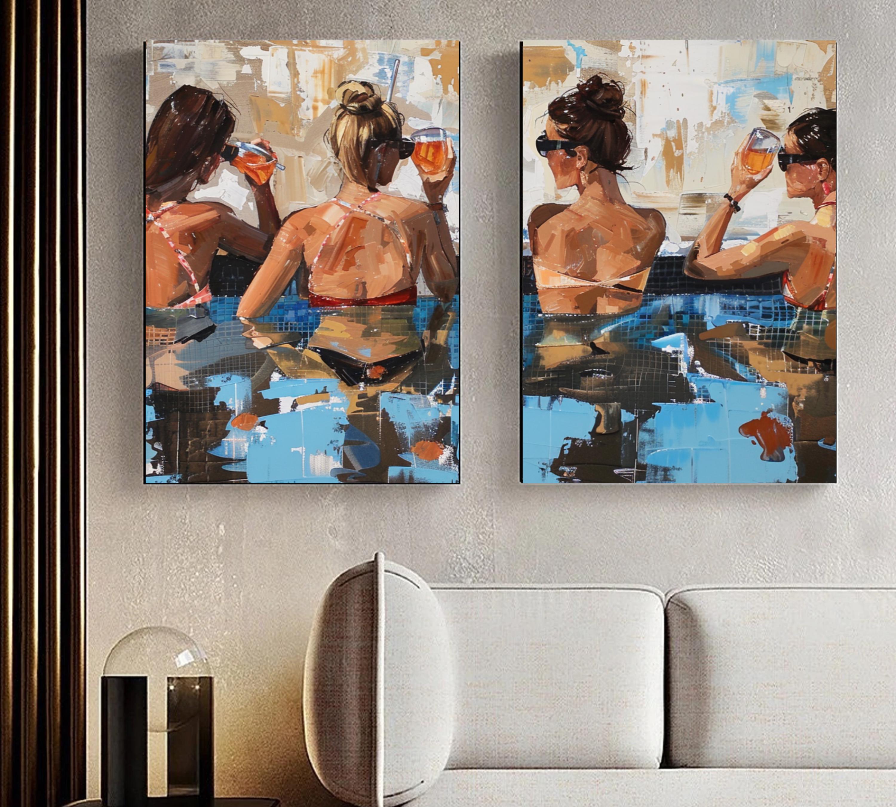 Poolside Cheers: Two-Piece Acrylic Painting Poster Set of Women Relaxing with Drinks