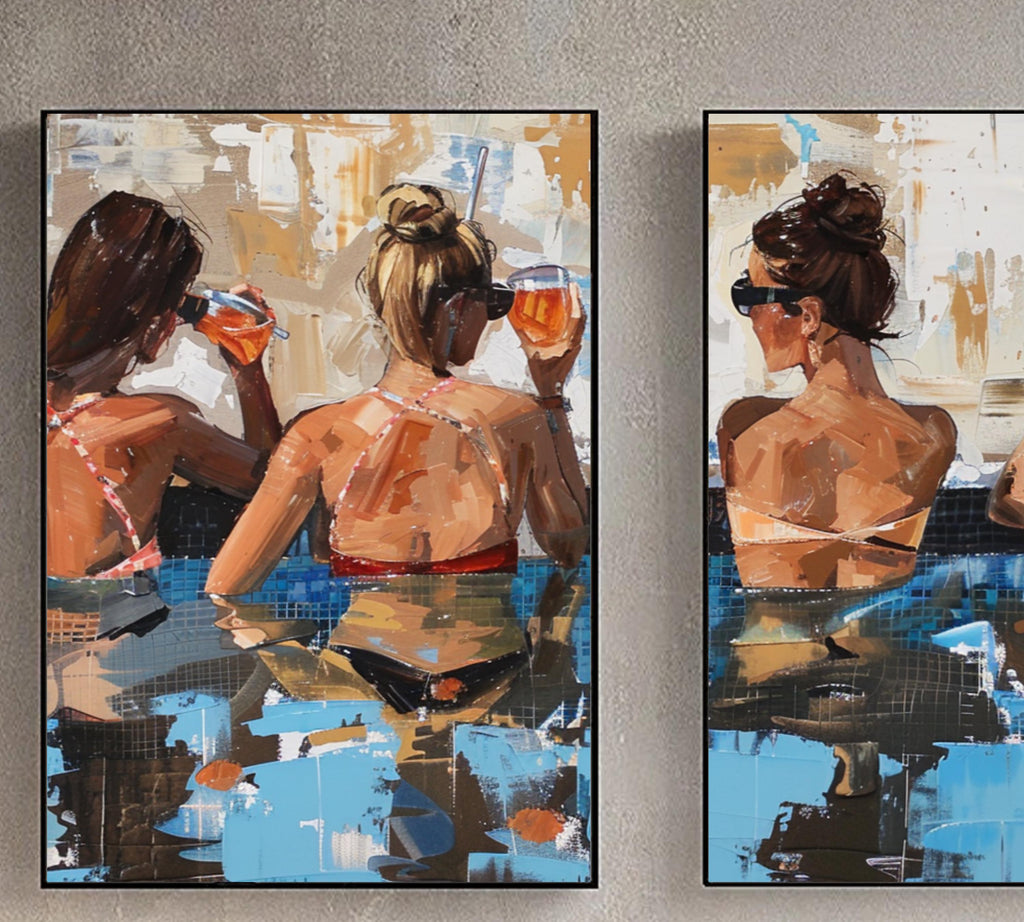 Poolside Cheers: Two-Piece Acrylic Painting Poster Set of Women Relaxing with Drinks