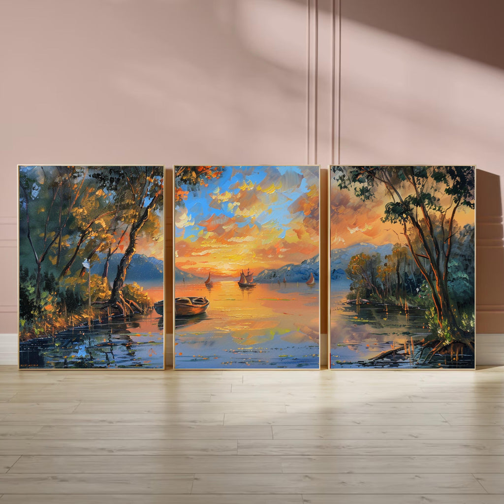 River Sunset Painting framed by lush trees and bathed in the warm glow ot the setting sun