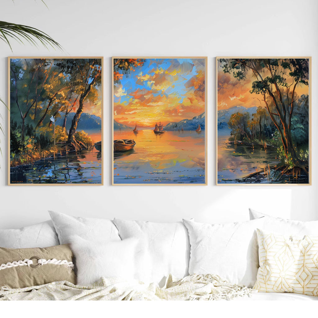 River Sunset Painting framed by lush trees and bathed in the warm glow ot the setting sun