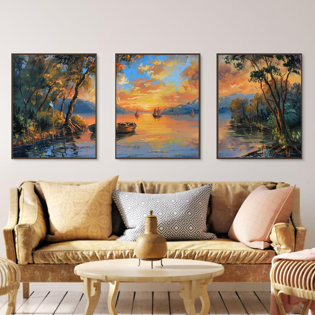 Acrylic painting of boats on a tranquil river at sunset, split into three poster pieces.