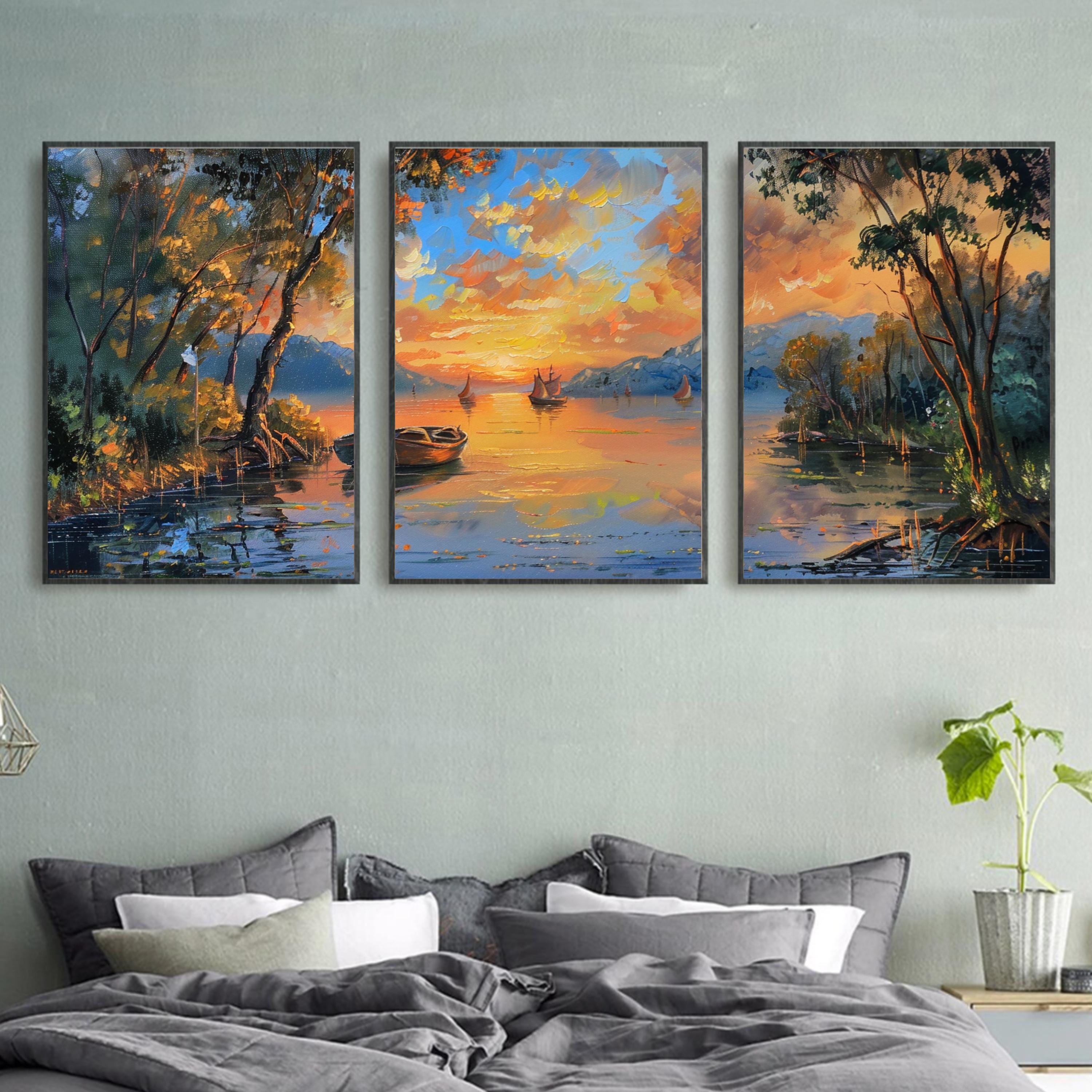 Three-piece poster set featuring a peaceful river landscape with boats and trees at sunset.