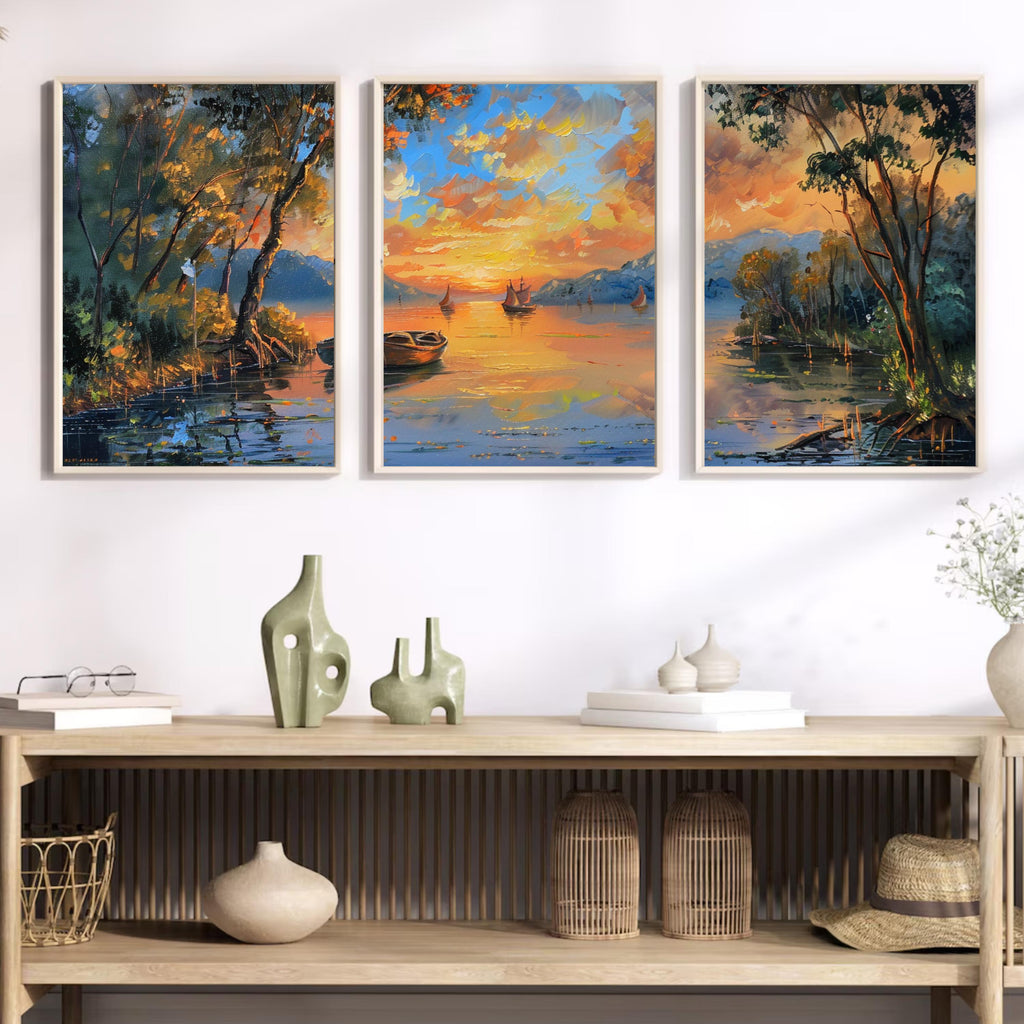 River Sunset Painting framed by lush trees and bathed in the warm glow ot the setting sun
