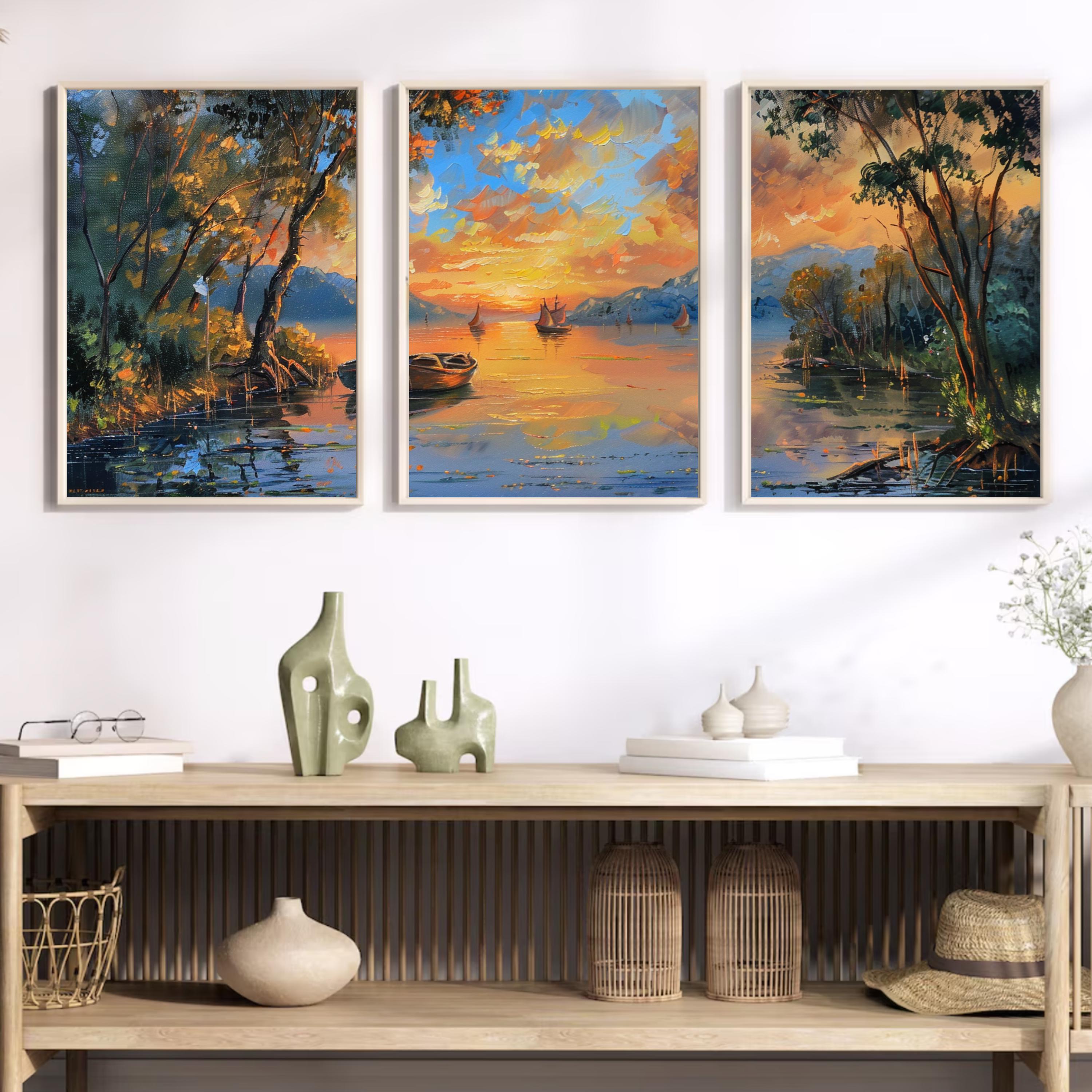 River Sunset Painting framed by lush trees and bathed in the warm glow ot the setting sun