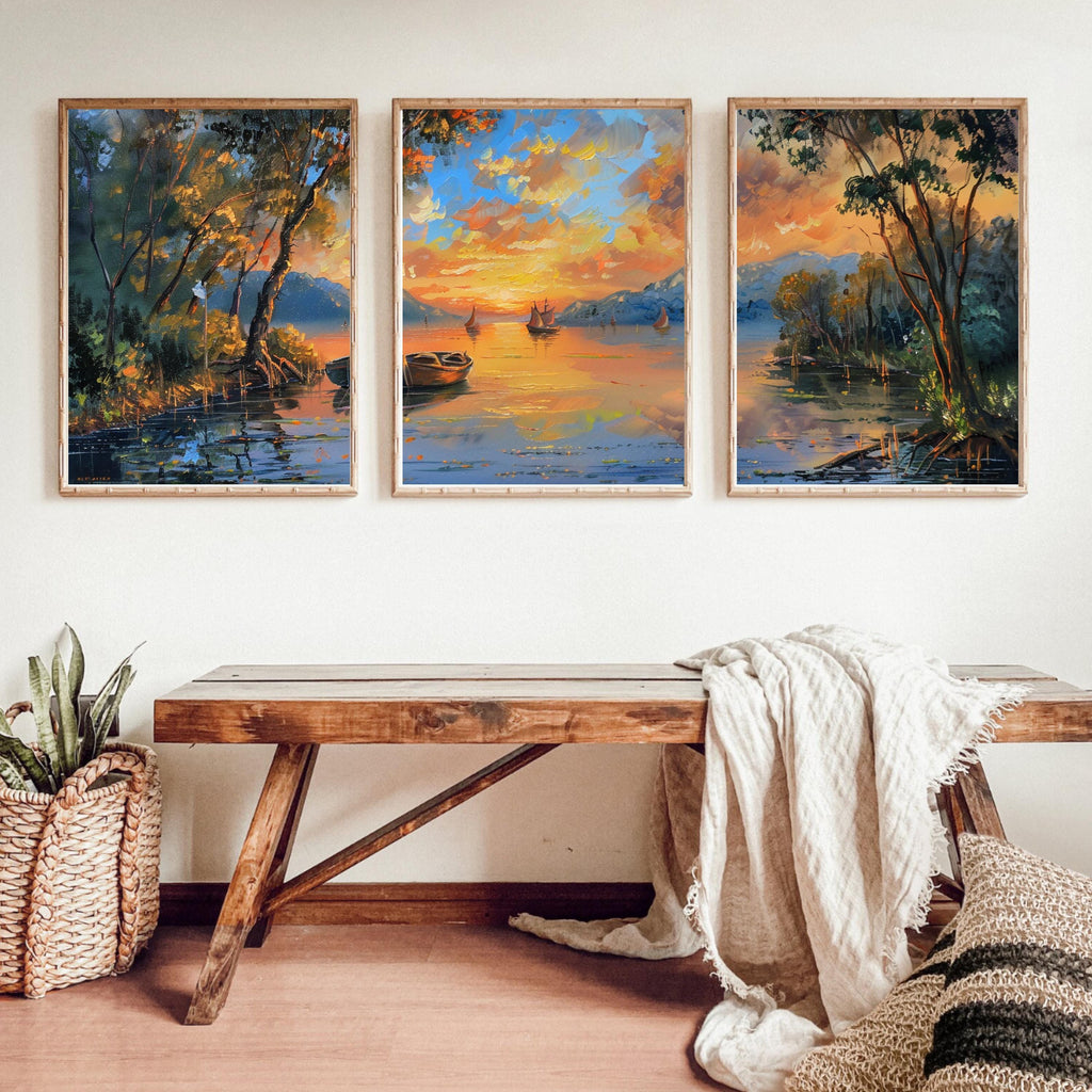 River Sunset Painting framed by lush trees and bathed in the warm glow ot the setting sun