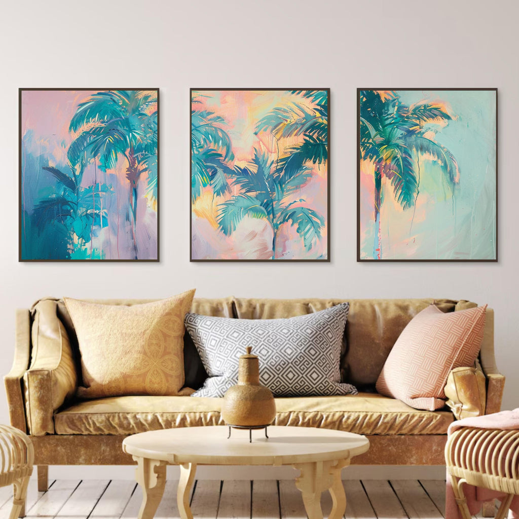 Lush palm foliage against a dreamy sunset backdrop