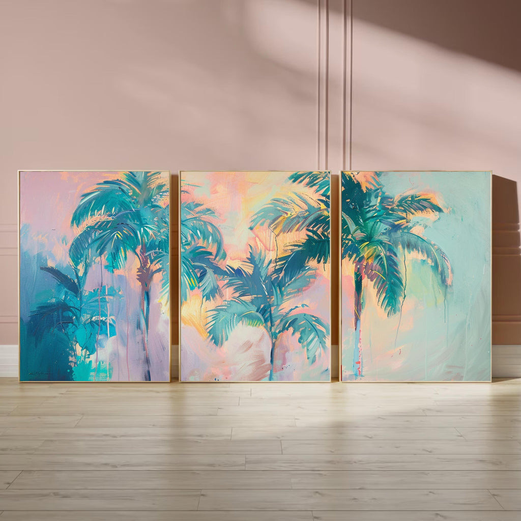 Vibrant palm trees under a pastel sunset