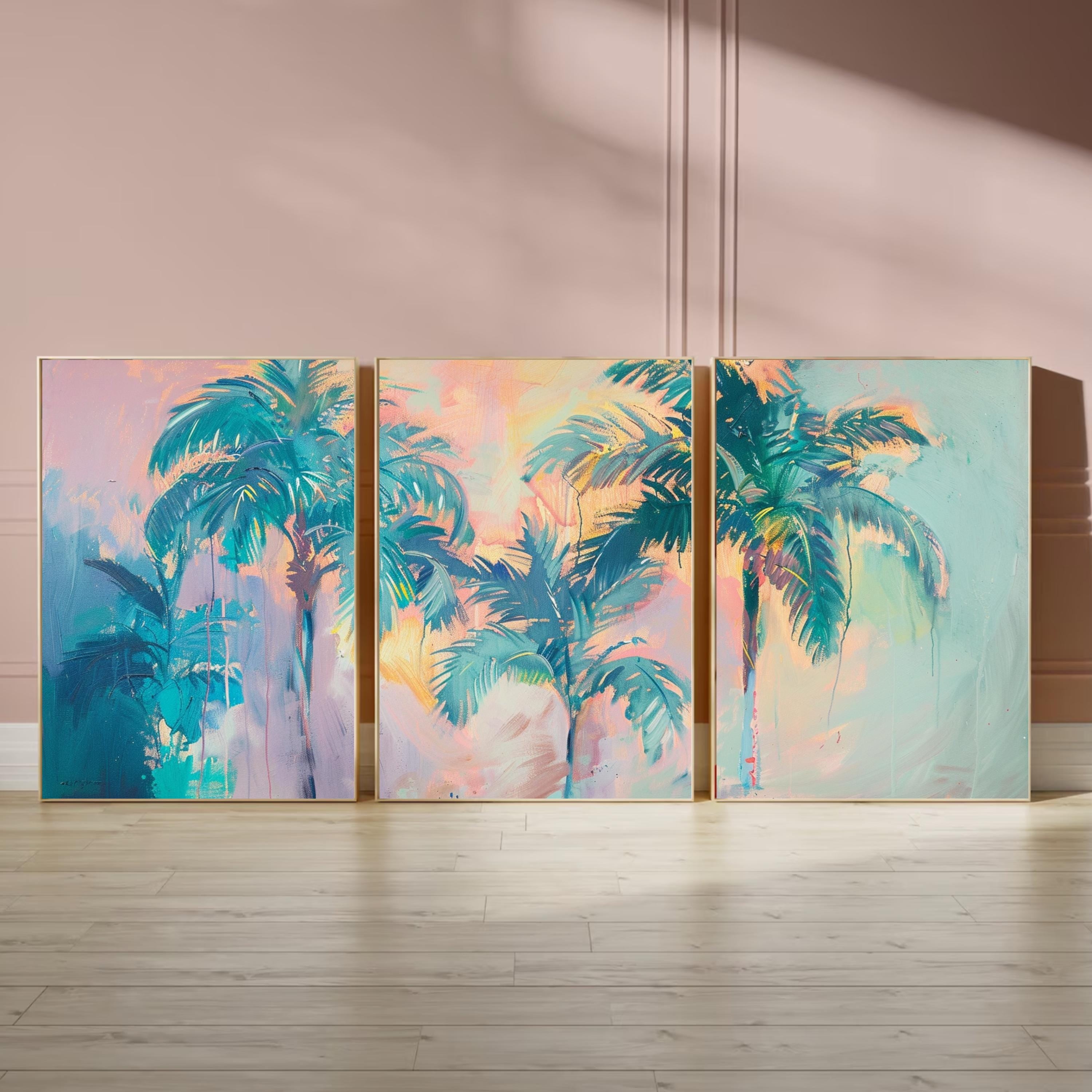 Vibrant palm trees under a pastel sunset