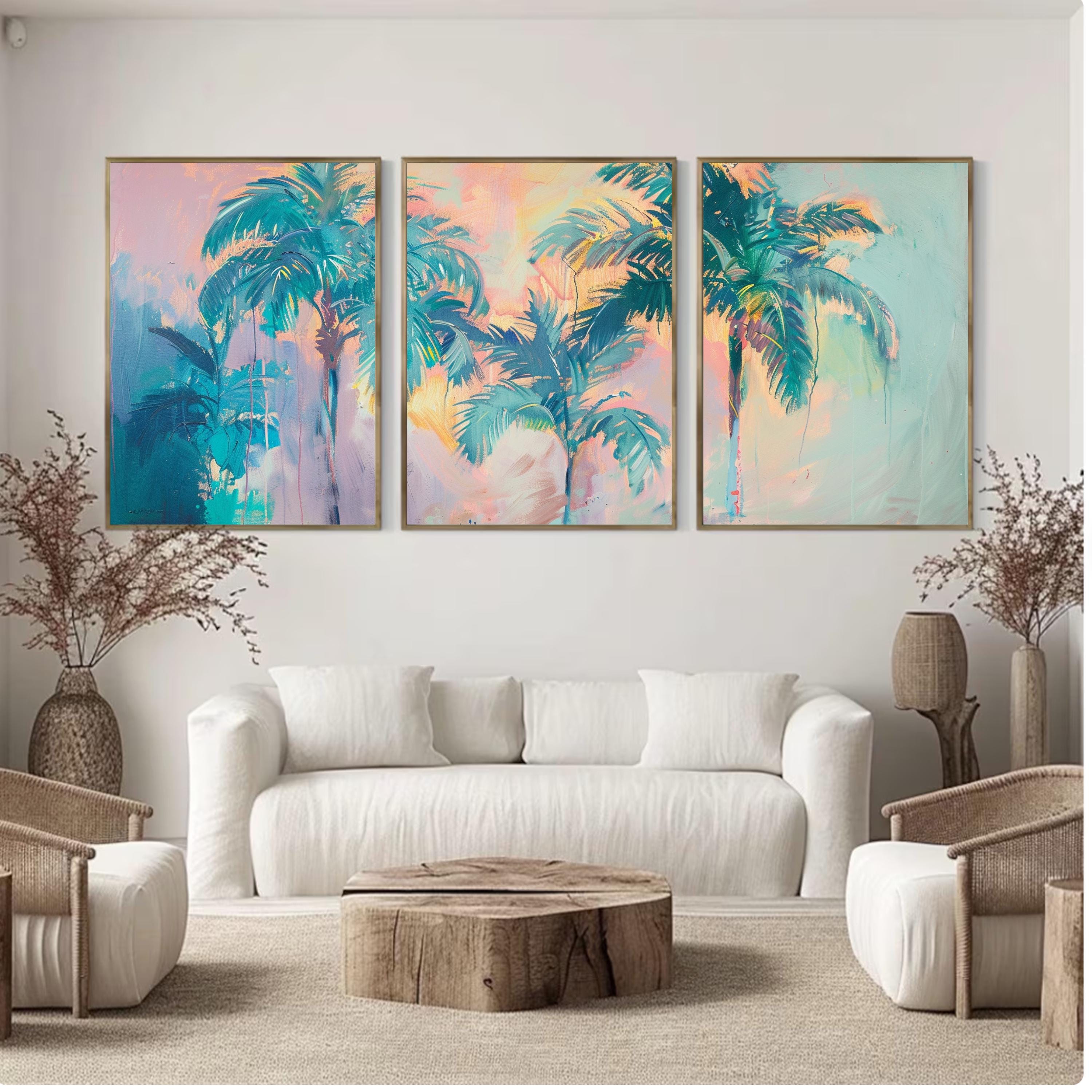 Tropical Palm Tree Trio: Pastel Paradise Wall Art Set, Three-Piece Poster Set , Perfect for above the Couch or Bed