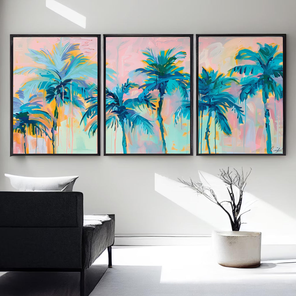Acrylic artwork featuring palm trees with dynamic blue-green leaves, positioned against a dreamy pastel sky, illustrating a peaceful tropical scene.