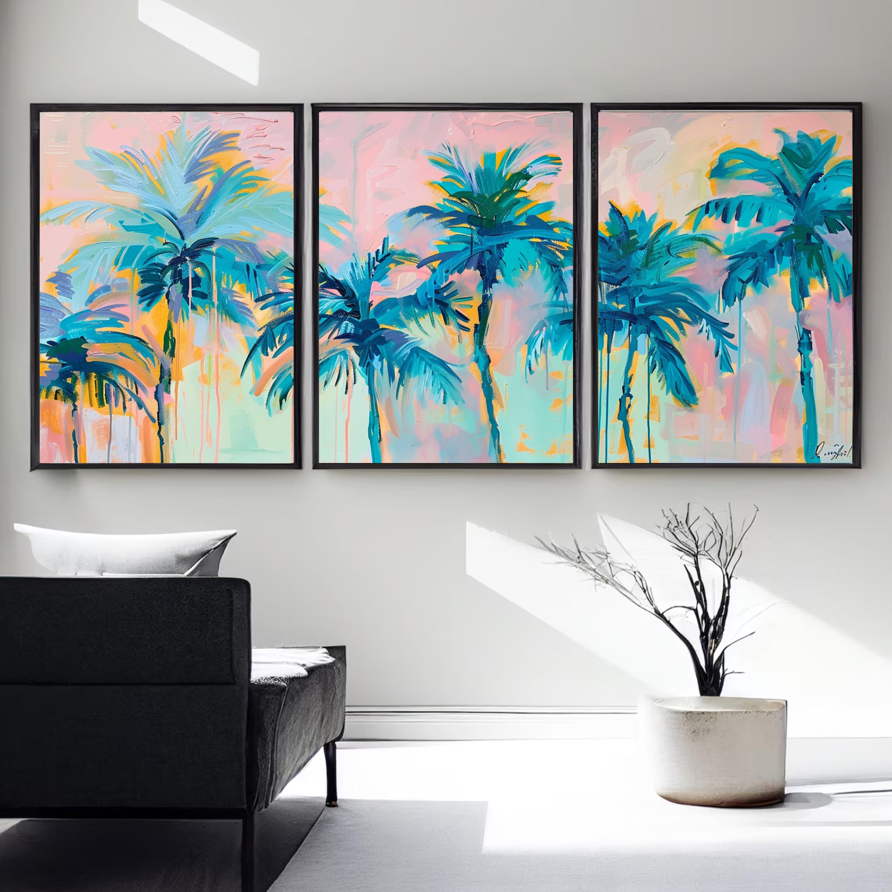 Acrylic artwork featuring palm trees with dynamic blue-green leaves, positioned against a dreamy pastel sky, illustrating a peaceful tropical scene.