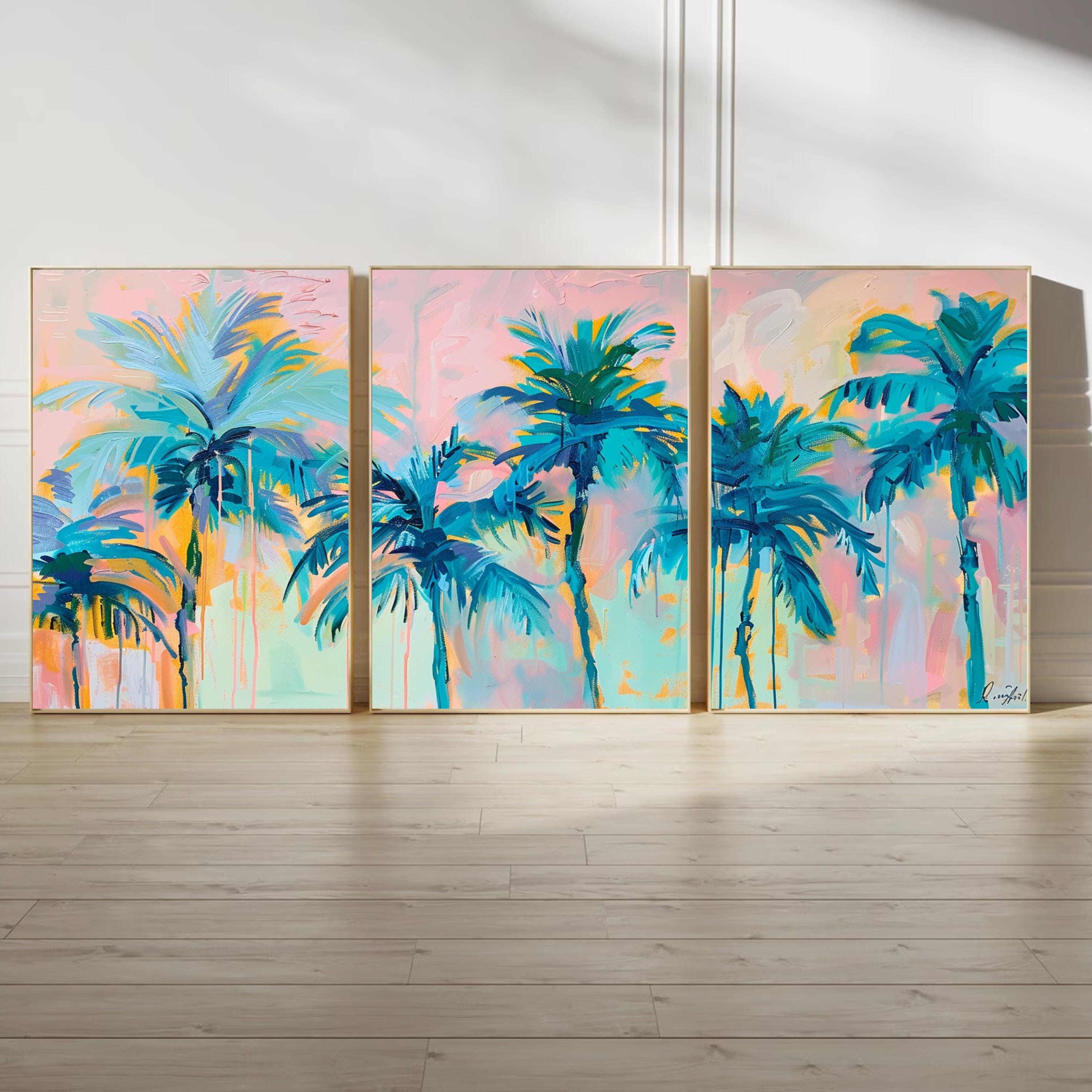 A vivid acrylic painting depicting a row of palm trees with lush foliage in various shades of blue and green, set against a soft pastel pink and orange sky.