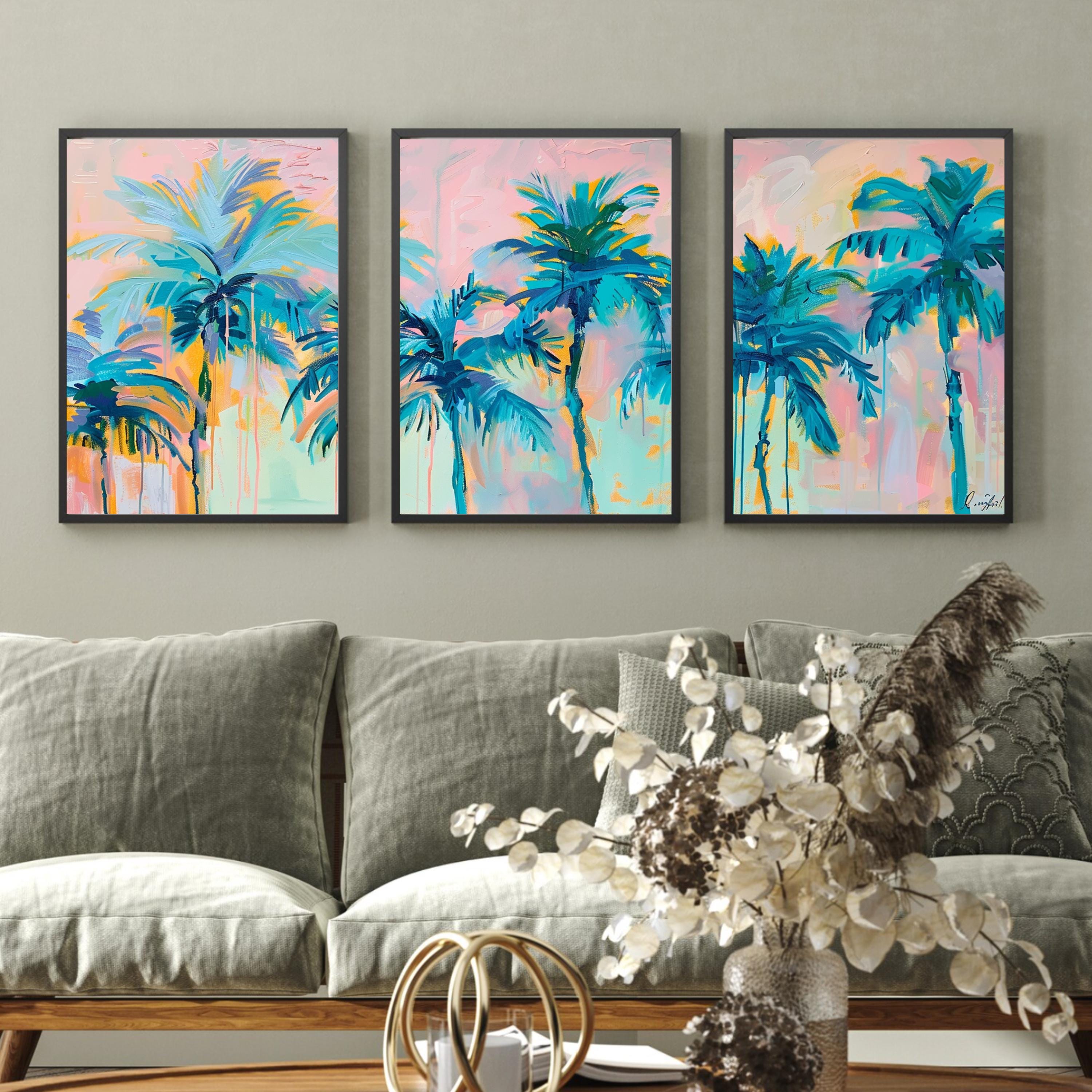 A vibrant acrylic painting of tall palm trees with lush blue and green leaves, set against a soft pastel pink and orange sky, creating a serene tropical atmosphere.