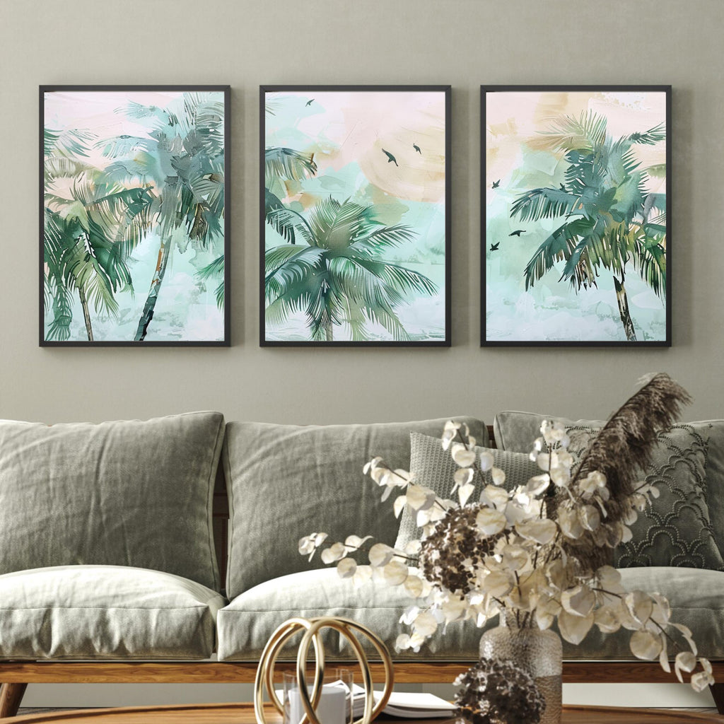 Pastel Palm Tree Set of 3 | Dreamy Vacation | Acrylic Painting of Paradise by OceanBlueeArt