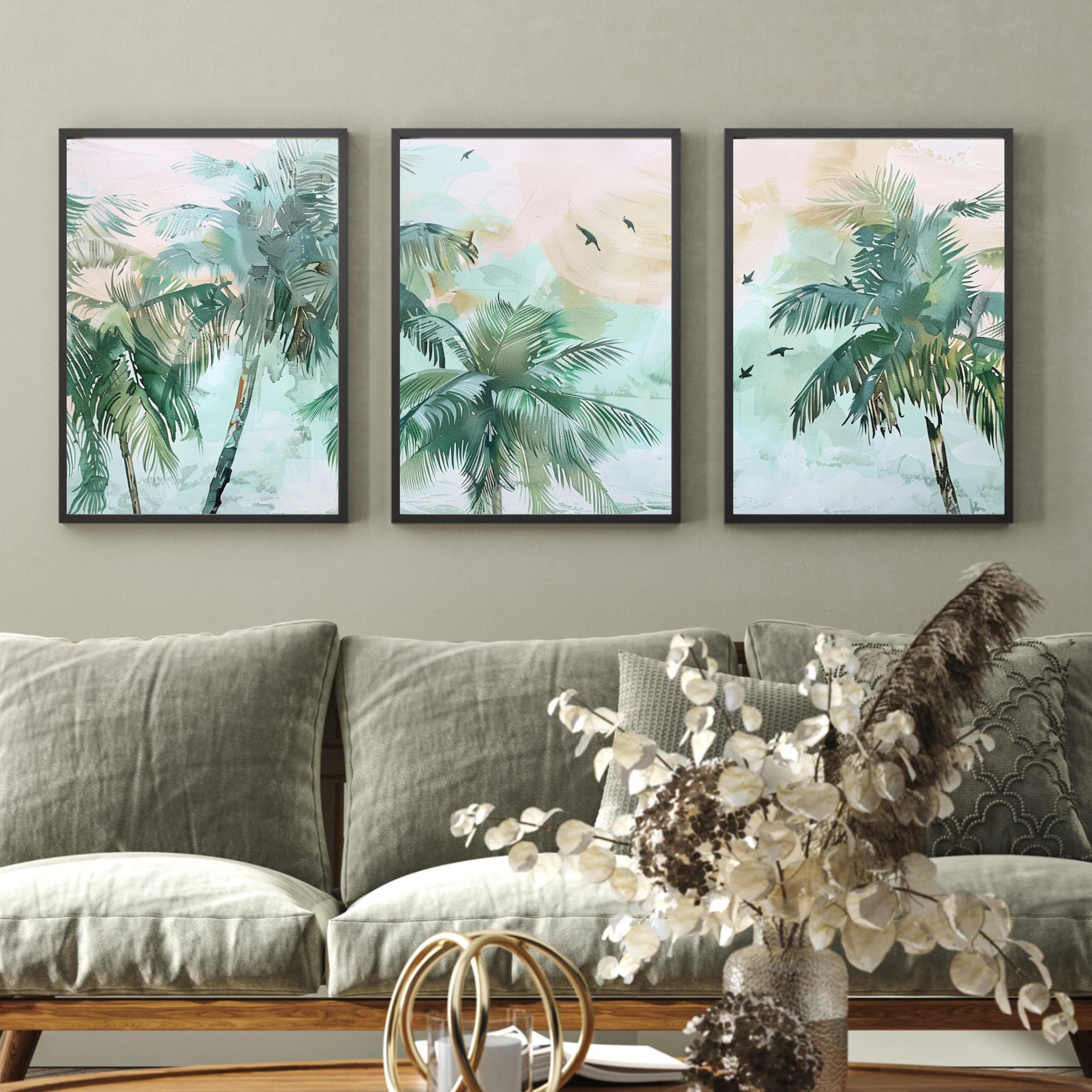 Pastel Palm Tree Set of 3 | Dreamy Vacation | Acrylic Painting of Paradise by OceanBlueeArt