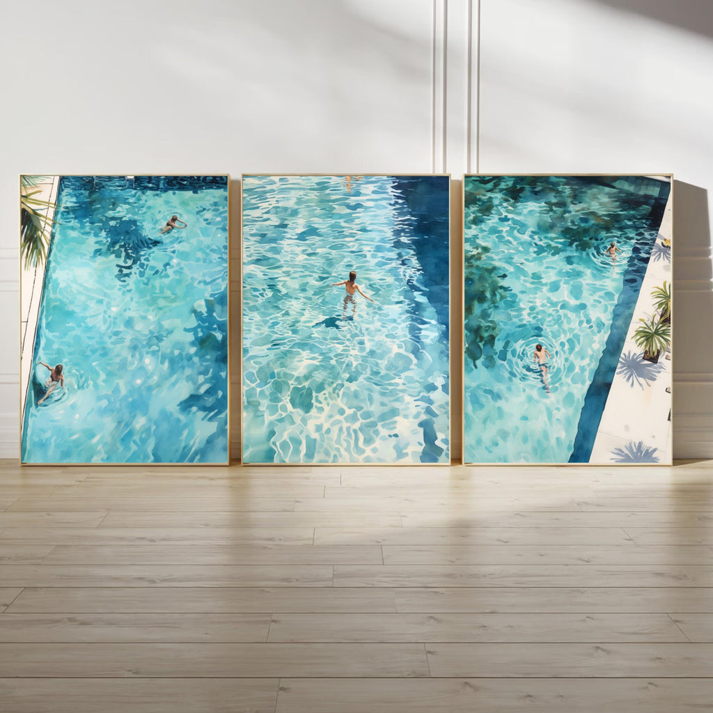 Swimming Pool Art Set of 3 | Tranquil Pool Painting with reflecting Water | Palm Springs inspired Watercolor Painting made into Prints