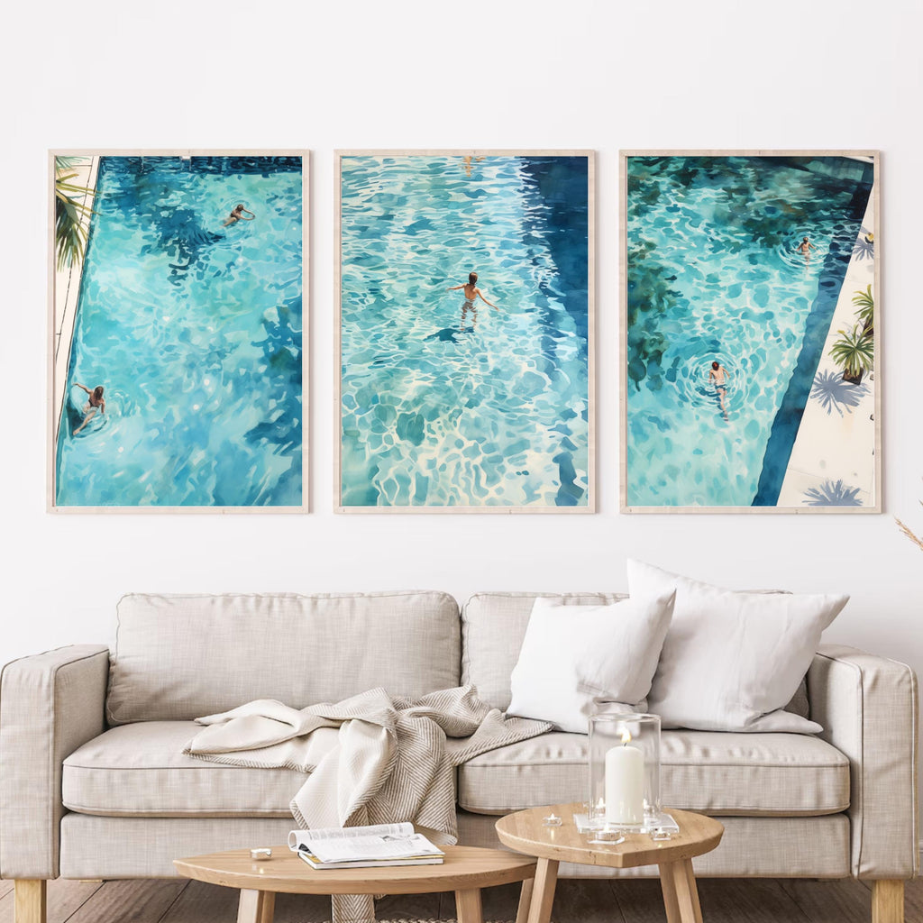 Swimming Pool Art Set of 3 | Tranquil Pool Painting with reflecting Water | Palm Springs inspired Watercolor Painting made into Prints