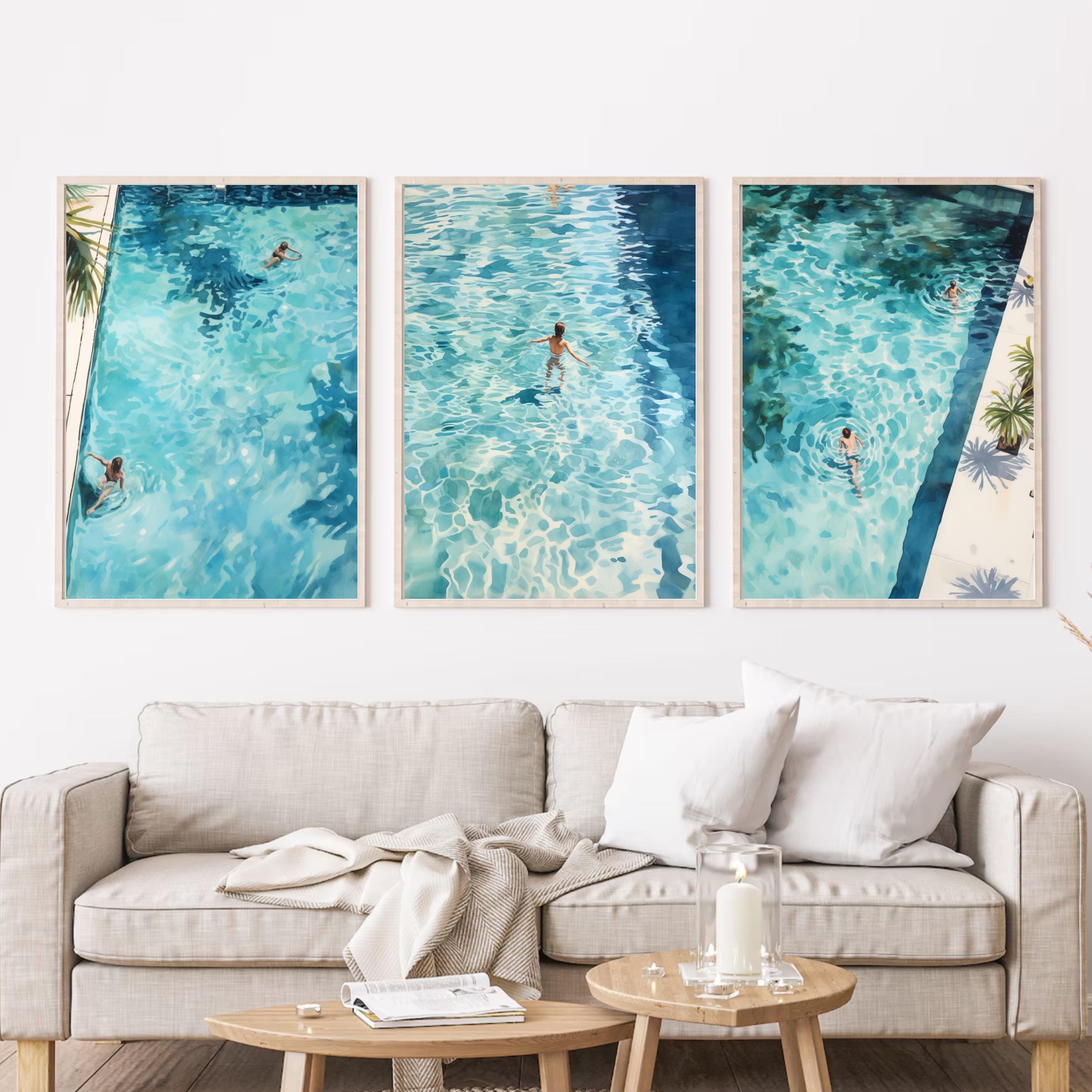 Swimming Pool Art Set of 3 | Tranquil Pool Painting with reflecting Water | Palm Springs inspired Watercolor Painting made into Prints