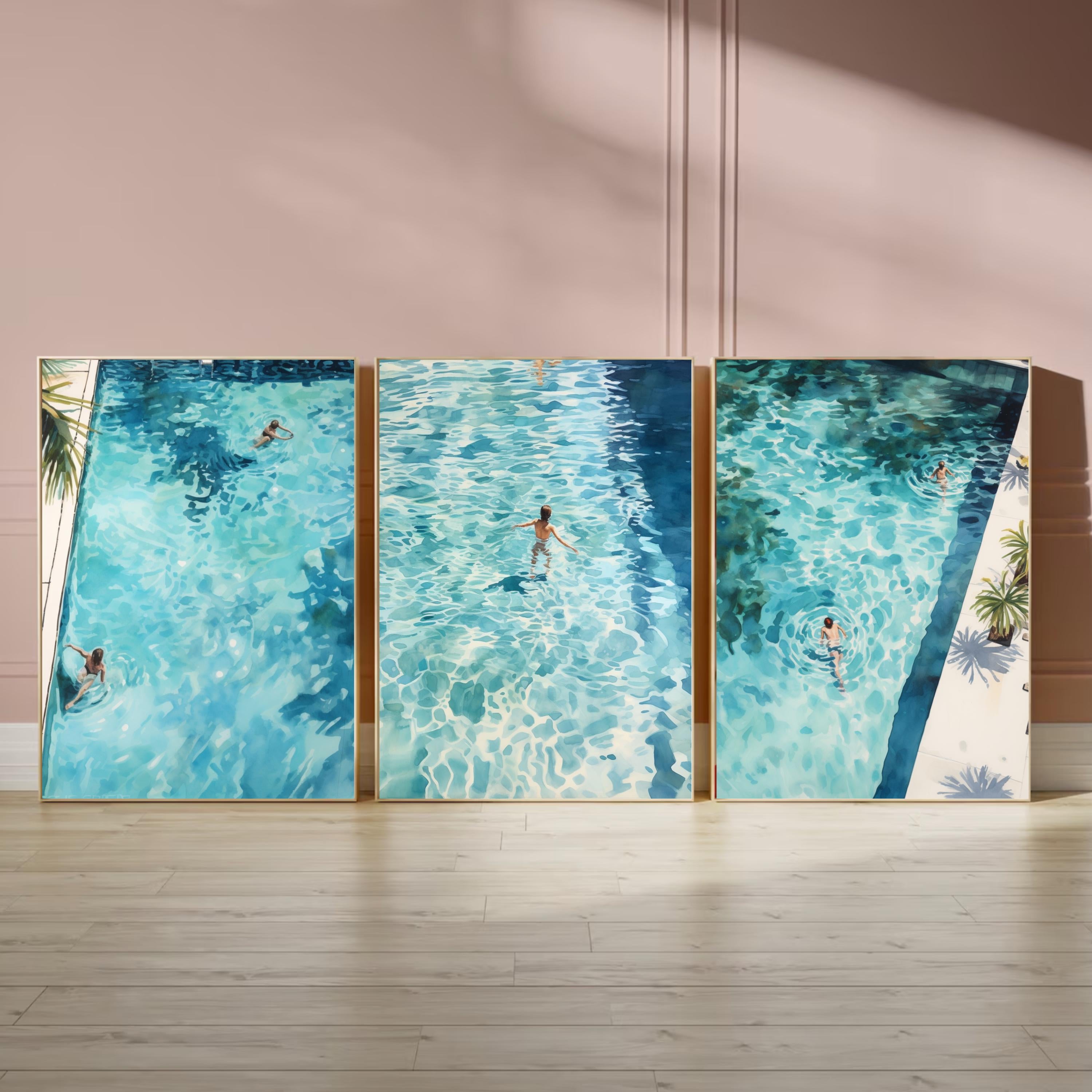 Swimming Pool Art Set of 3 | Tranquil Pool Painting with reflecting Water | Palm Springs inspired Watercolor Painting made into Prints