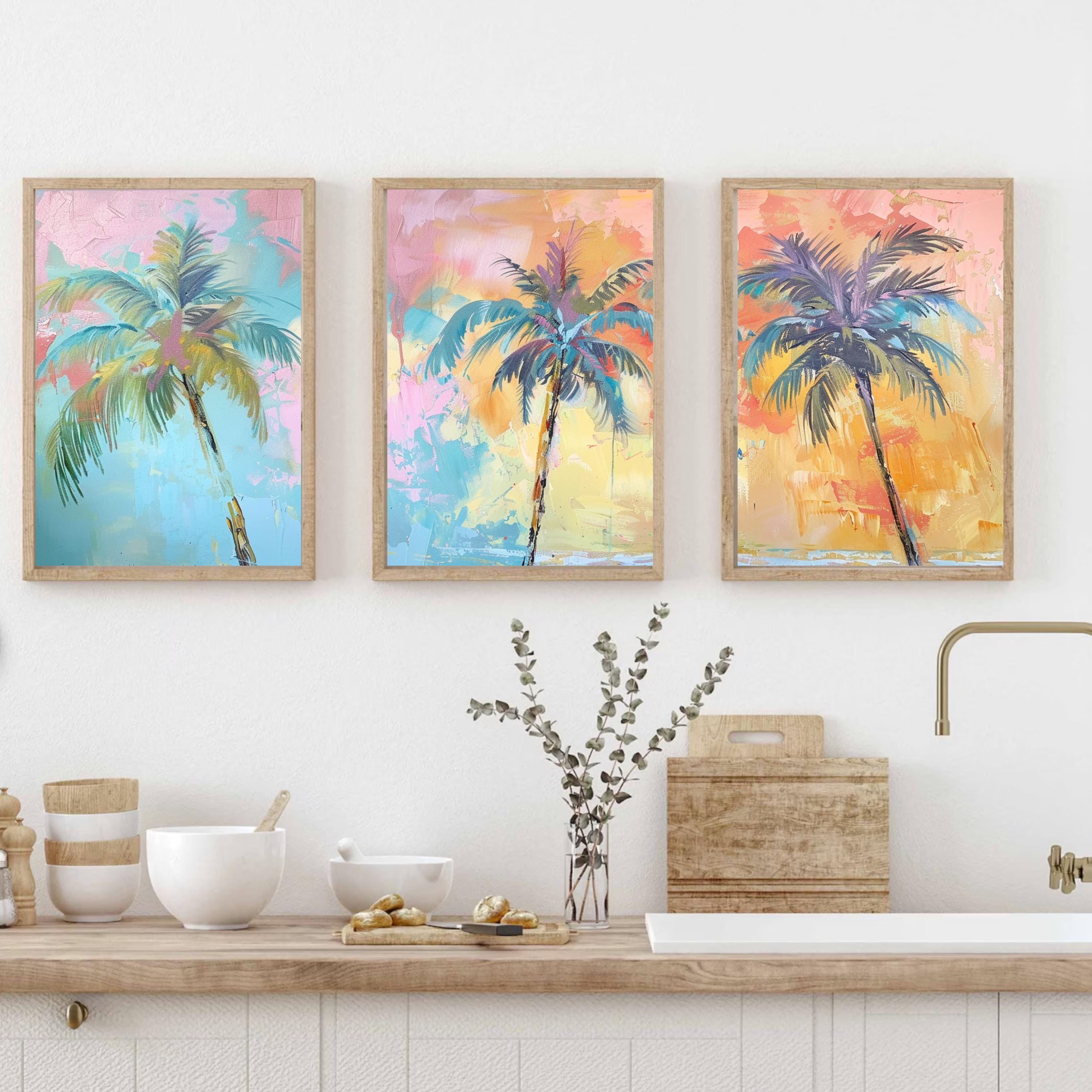 Modern Funky Palm Tree Set of Three - Tropical Serenity: Pastel Palm Dreams