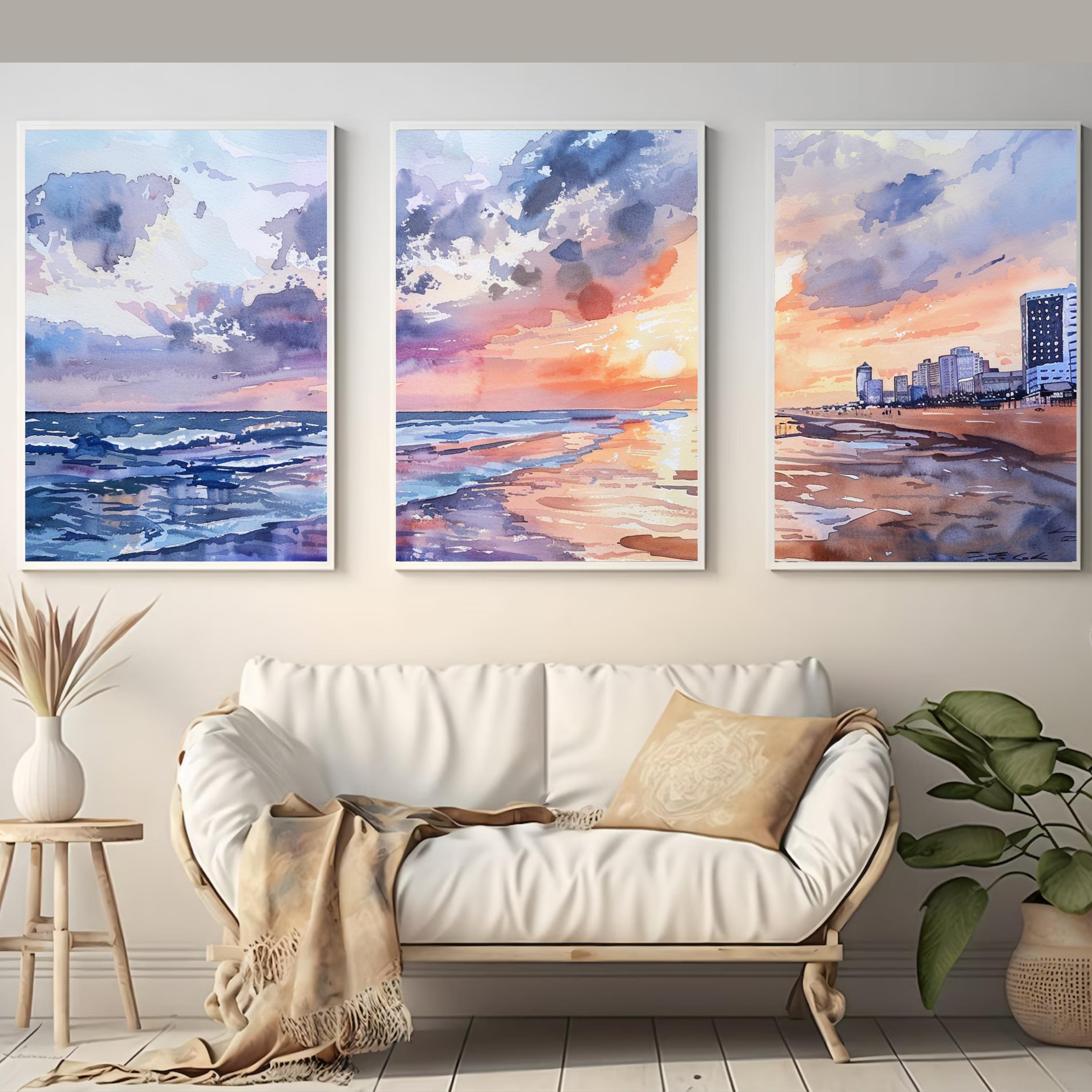 Coastal scene with evening sky and delicate watercolor brushstrokes