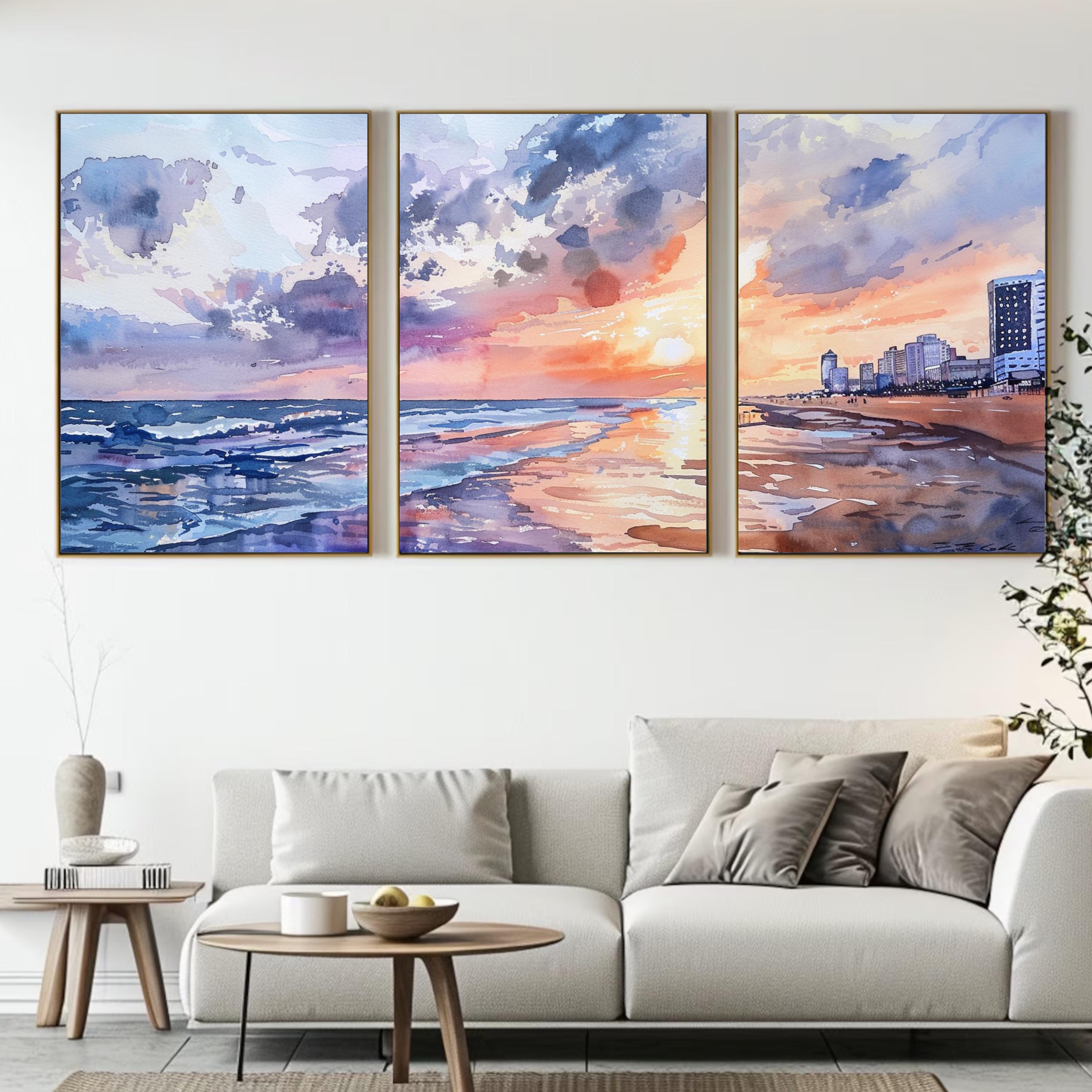 Virginia Beach Sunset Watercolor Painting - Coastal Evening Skyline Art