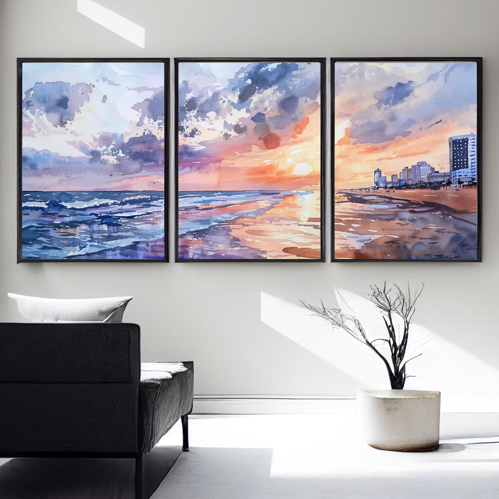 Virginia Beach Sunset Watercolor Painting - Coastal Evening Skyline Art