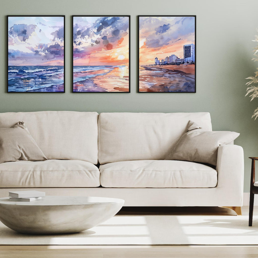 Virginia Beach Sunset Watercolor Painting - Coastal Evening Skyline Art