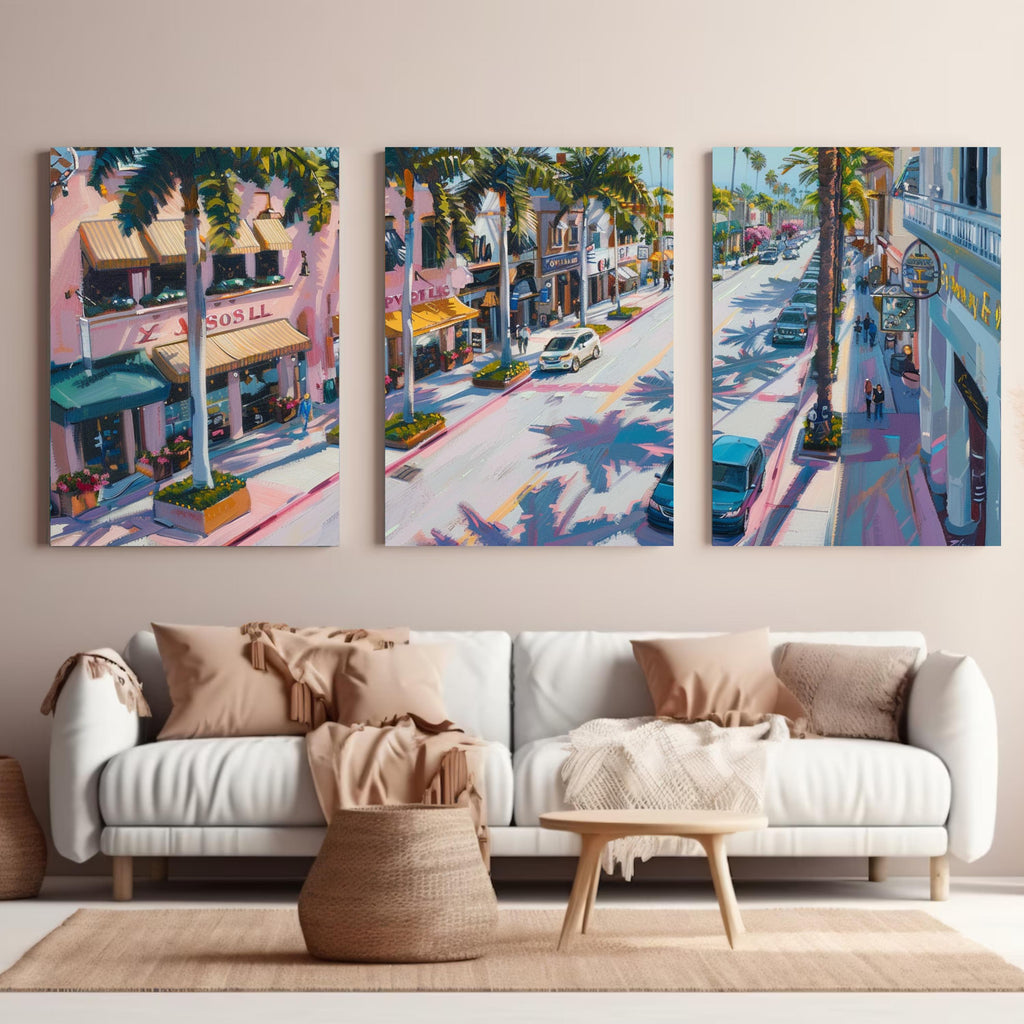 Iconic California street art prints featuring luxury boutiques