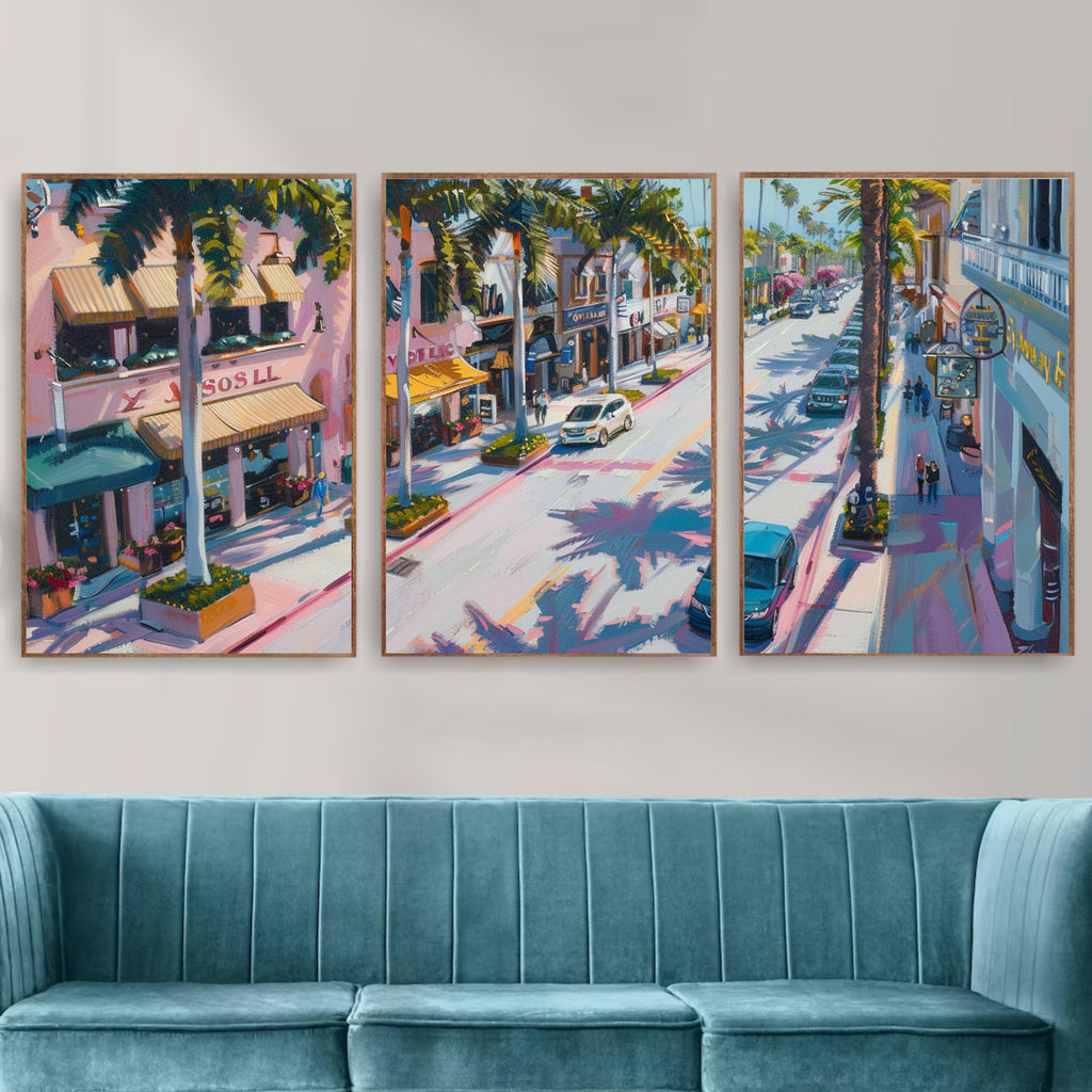 Poster set of Rodeo Drive Beverly Hills with vibrant street scenes