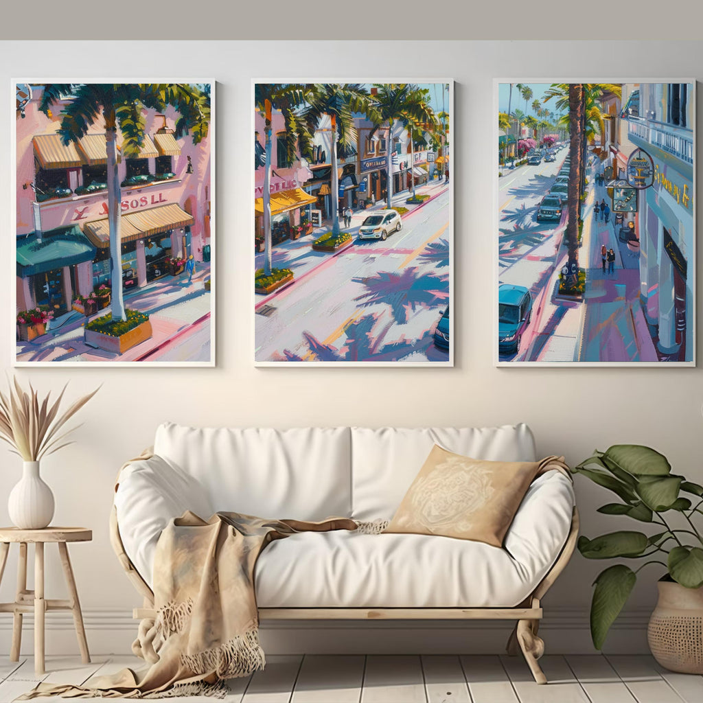 Rodeo Drive Beverly Hills Poster Set of 3 - Iconic California Street Art Prints