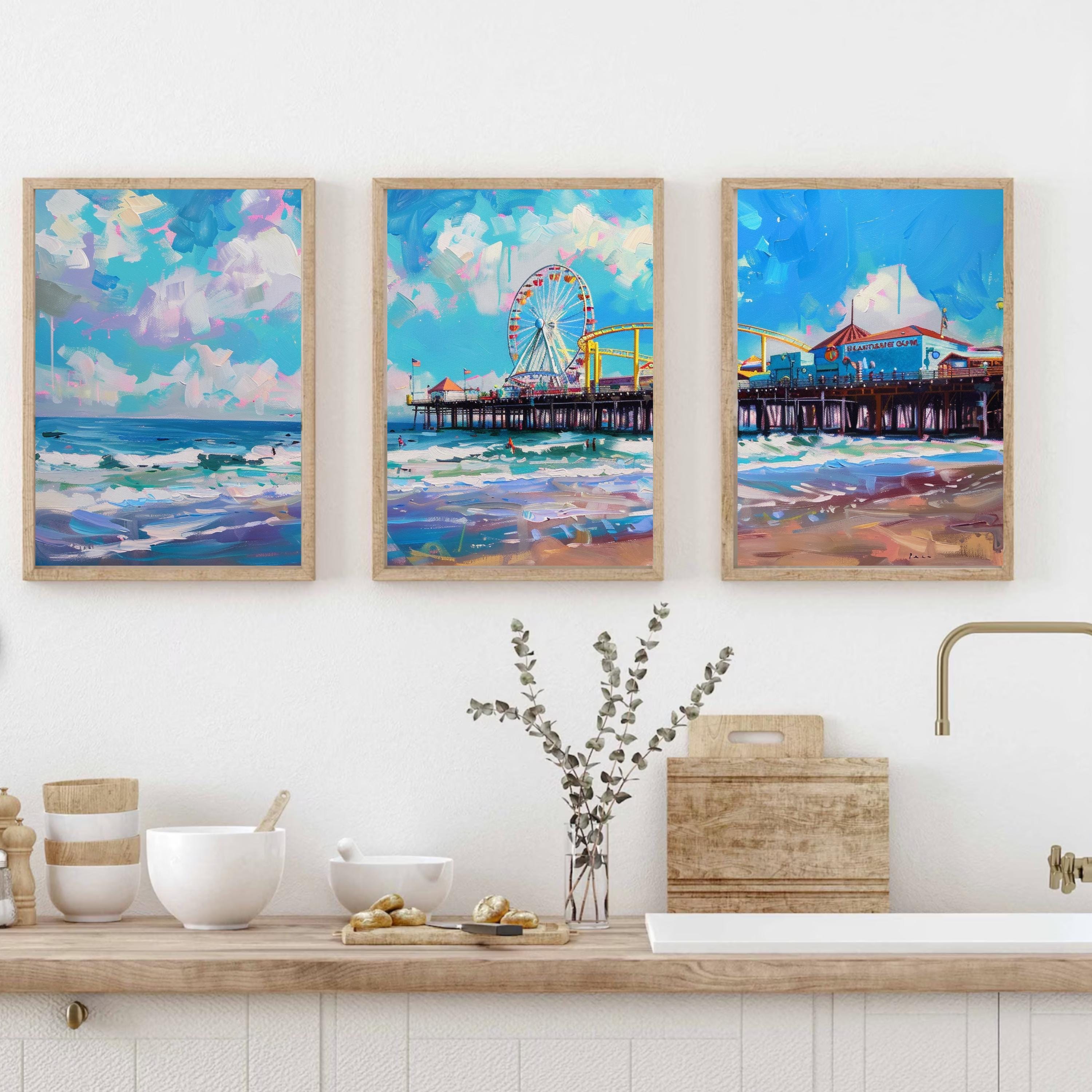Santa Monica Pier Poster Set of 3 - Coastal Art Prints with Ferris Wheel and Jetty