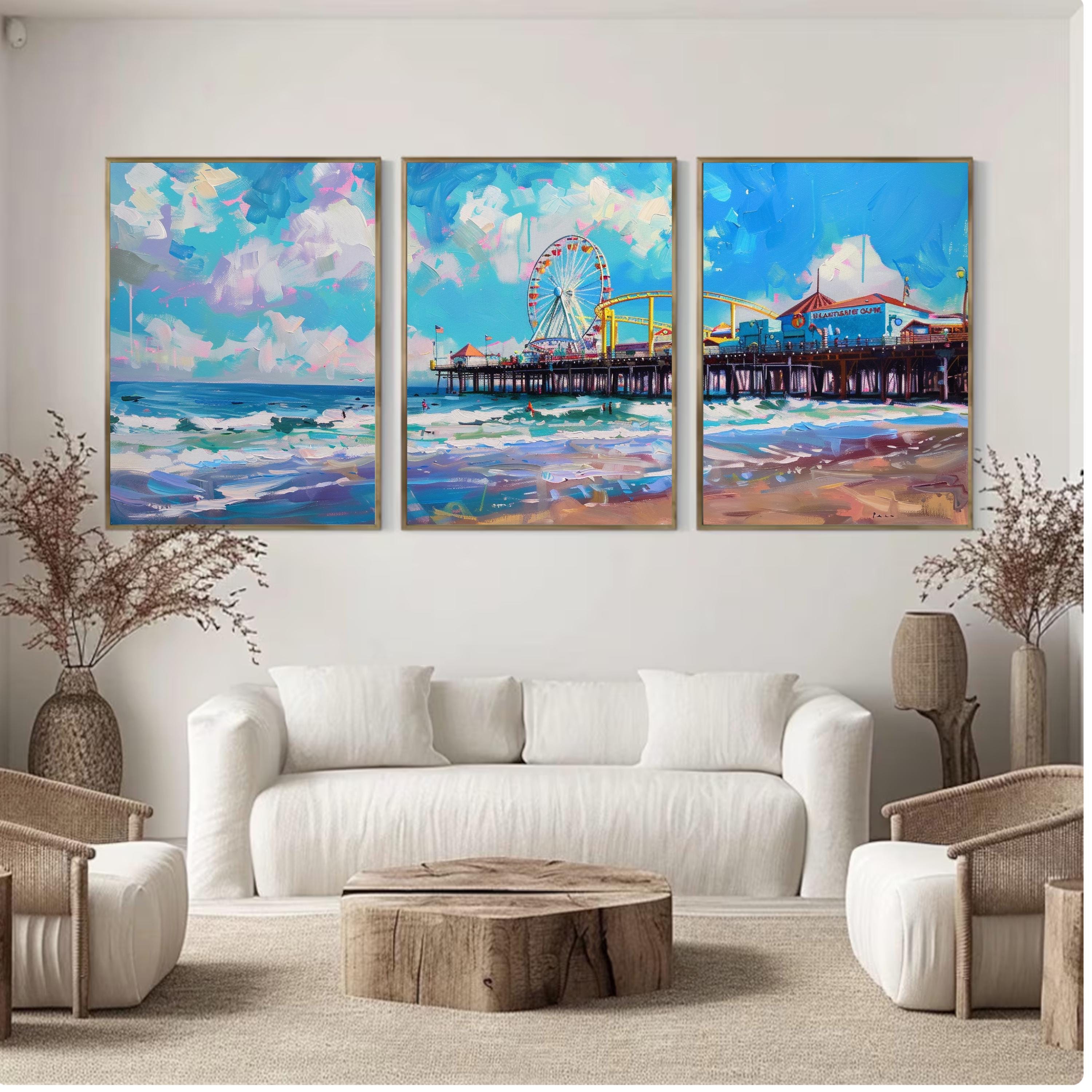 Santa Monica Pier Poster Set of 3 - Coastal Art Prints with Ferris Wheel and Jetty