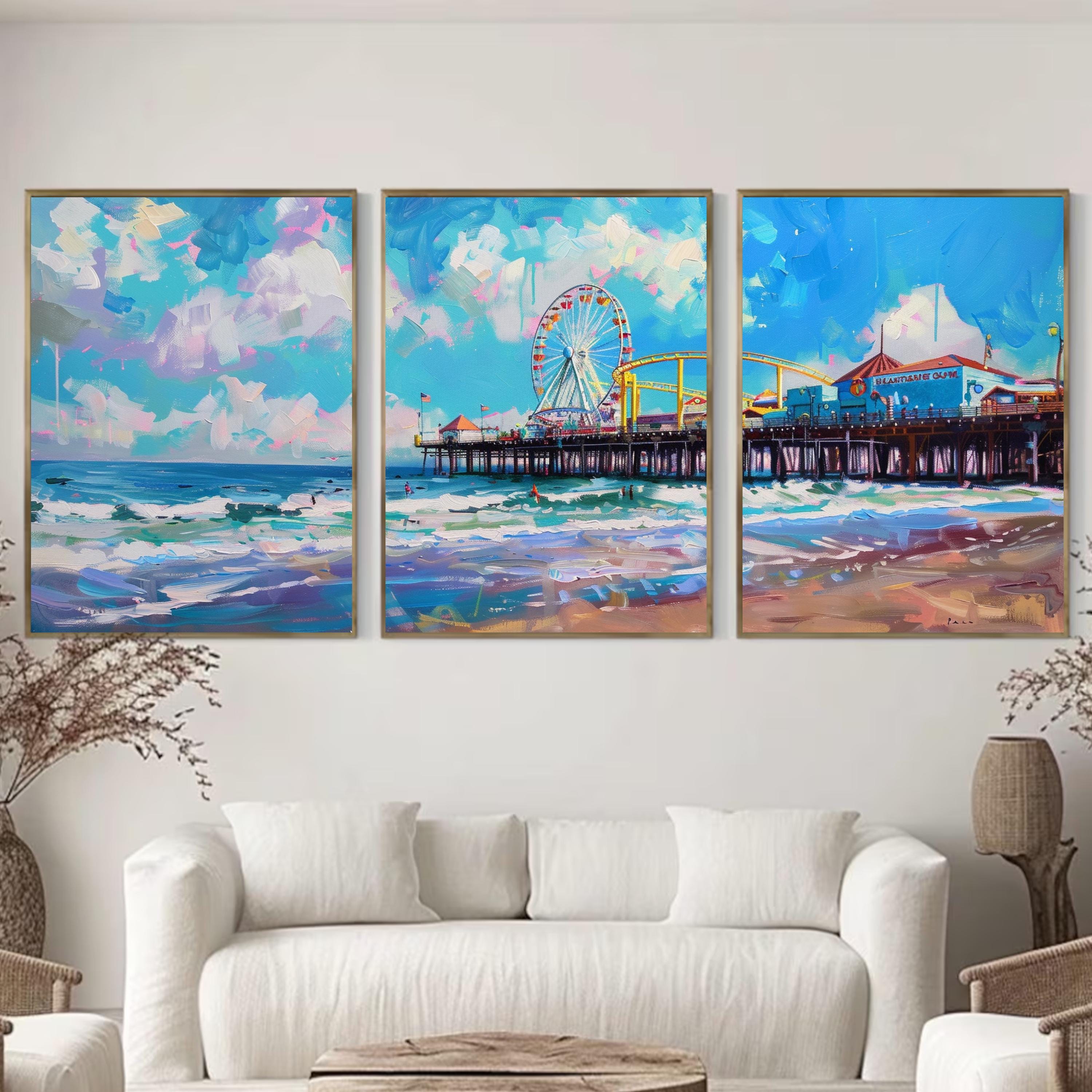 Santa Monica Pier Poster Set of 3 - Coastal Art Prints with Ferris Wheel and Jetty