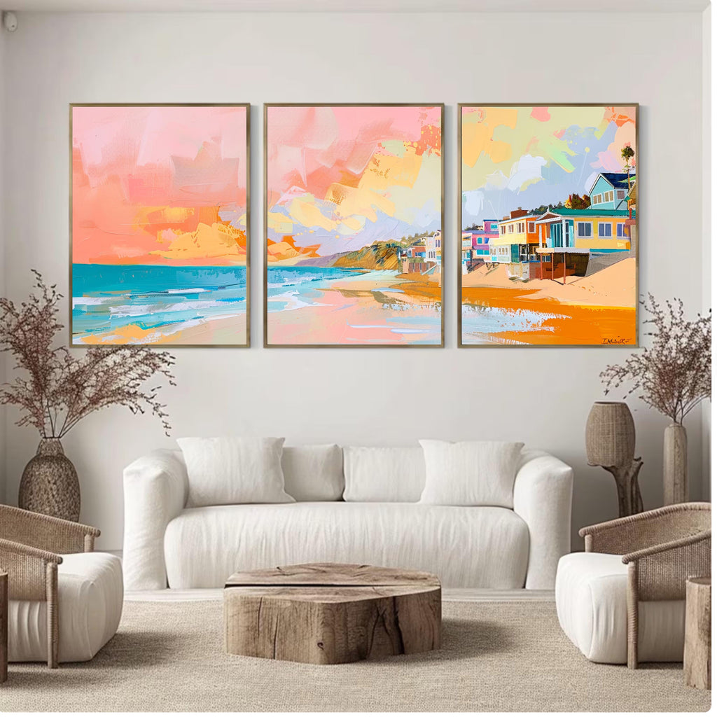 Malibu Beach at Sunset | Above the Sofa Trio Poster Set - Coastal Vibes Art Prints Set