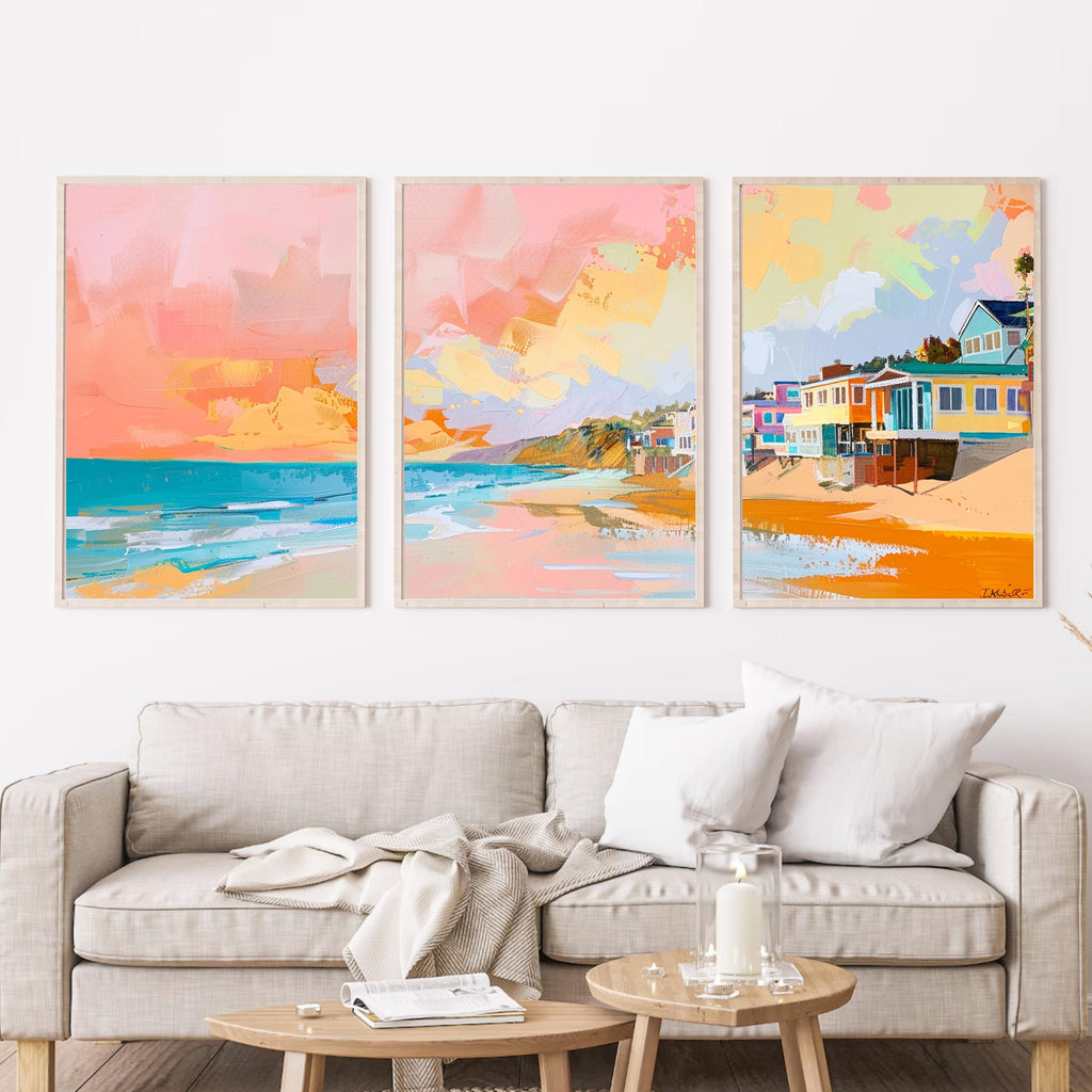 Malibu Beach at Sunset | Above the Sofa Trio Poster Set - Coastal Vibes Art Prints Set