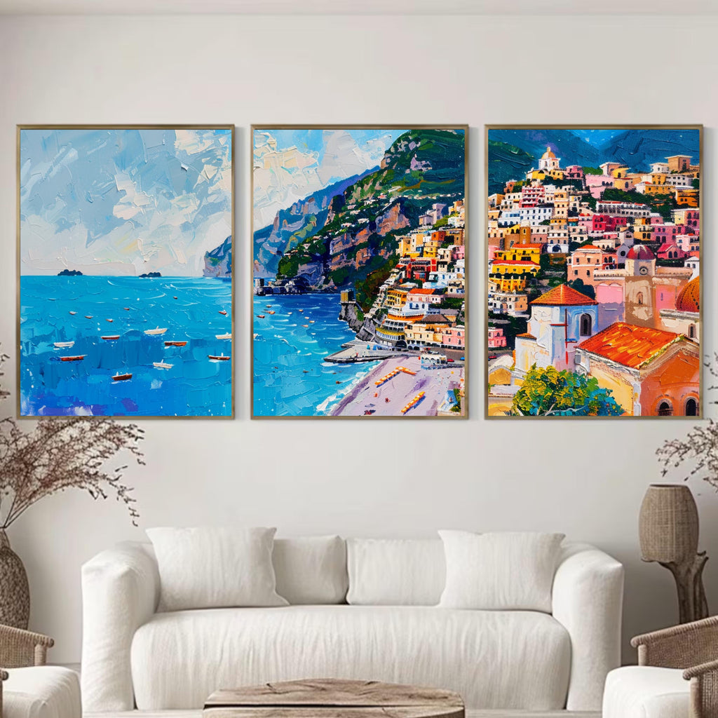 Italy Charm - Positano Art Prints of Three- Above the Sofa Art - Italian Coastal Poster Set of 3