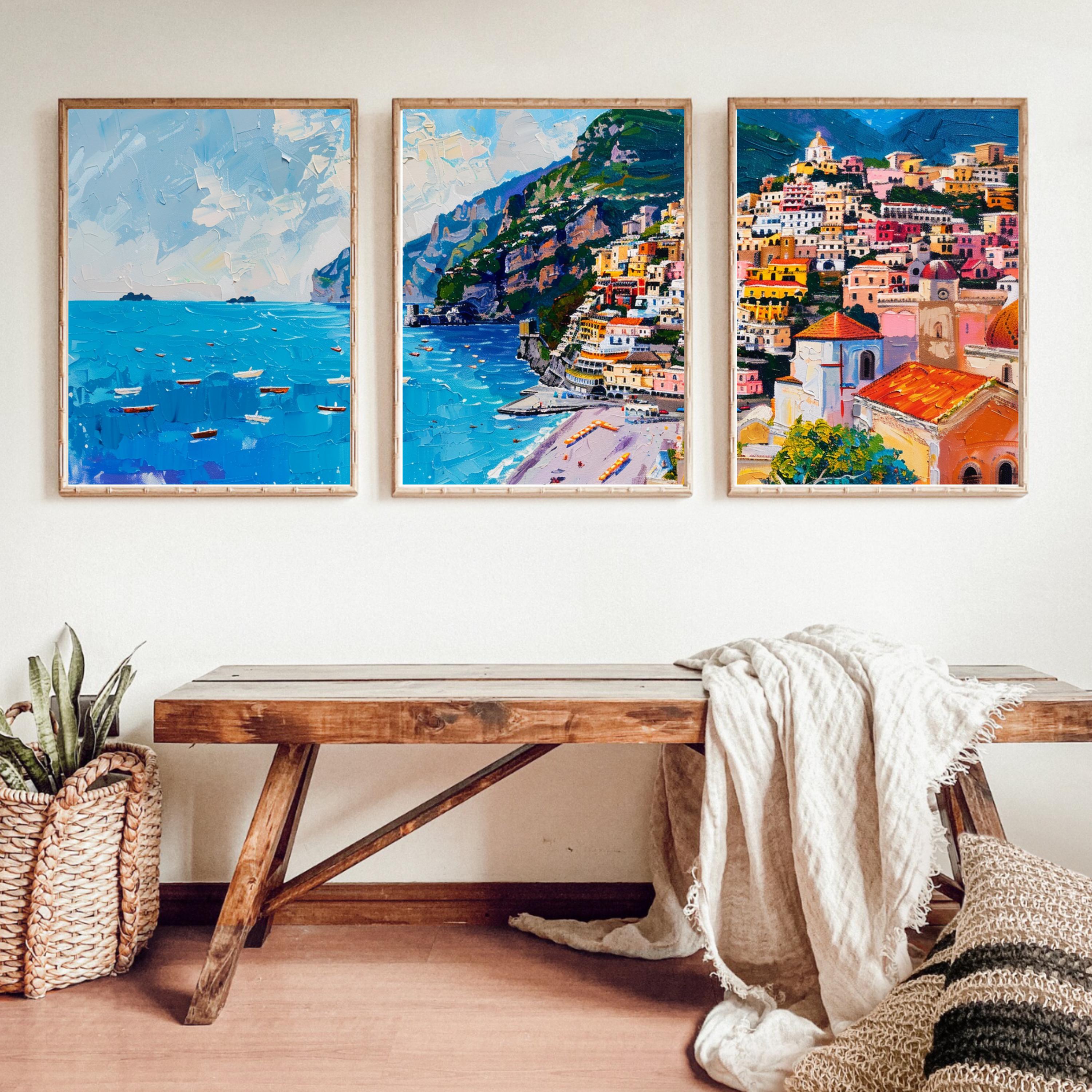 Italy Charm - Positano Art Prints of Three- Above the Sofa Art - Italian Coastal Poster Set of 3