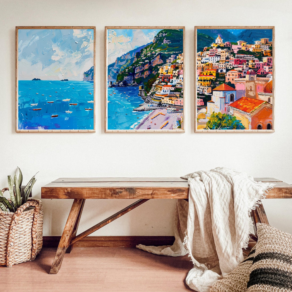 Italy Charm - Positano Art Prints of Three- Above the Sofa Art - Italian Coastal Poster Set of 3