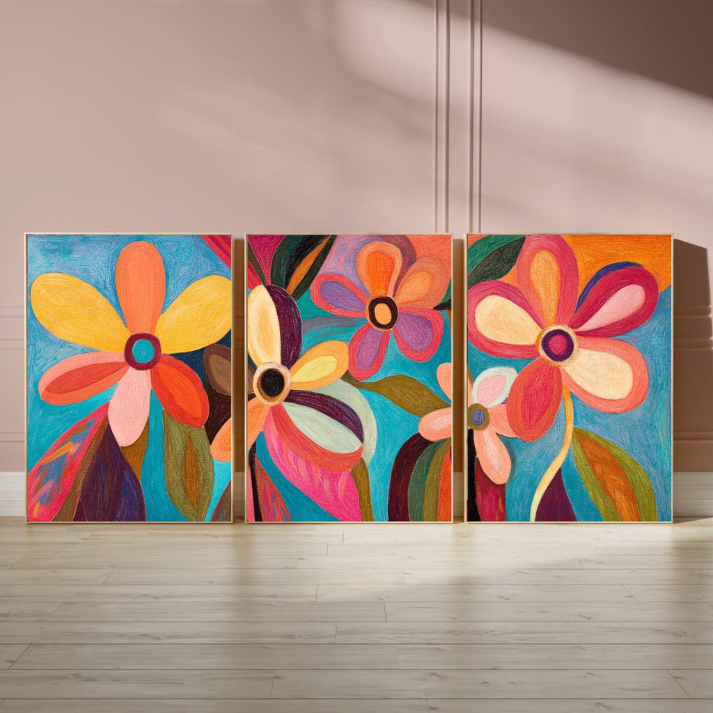 Vibrant Floral Abstraction – Modern Colorful Flower Wall Art Print Set | Contemporary Pastel Botanical Art for Boho & Eclectic Decor