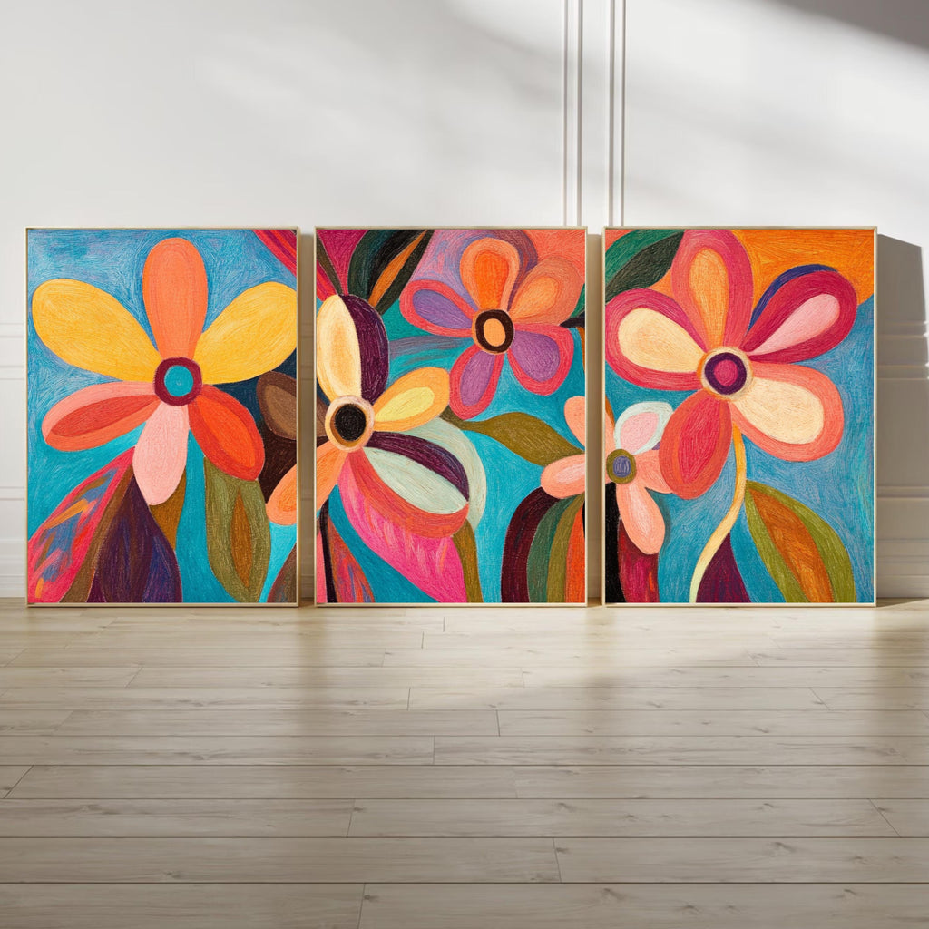 Vibrant Floral Abstraction – Modern Colorful Flower Wall Art Print Set | Contemporary Pastel Botanical Art for Boho & Eclectic Decor