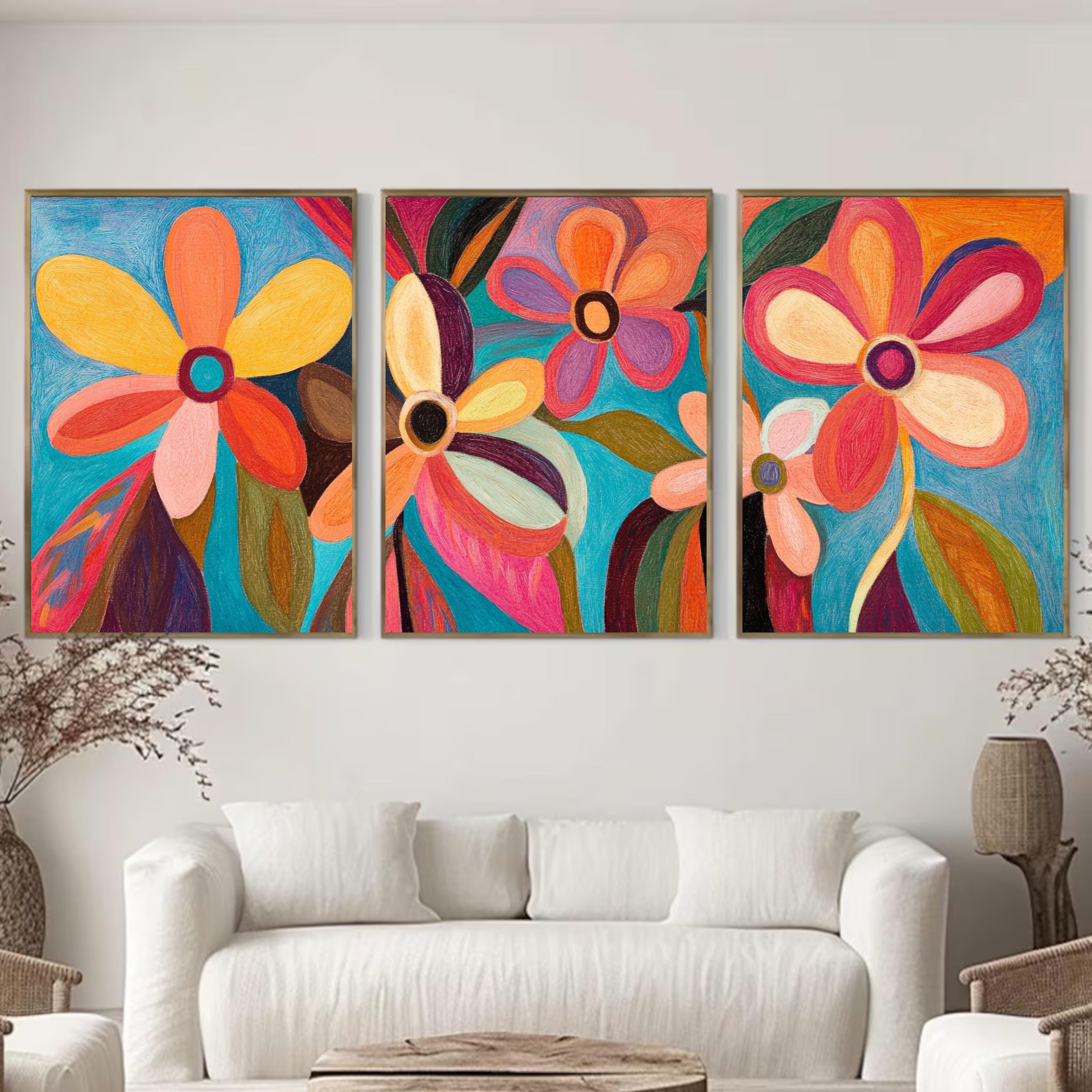 Vibrant Floral Abstraction – Modern Colorful Flower Wall Art Print Set | Contemporary Pastel Botanical Art for Boho & Eclectic Decor
