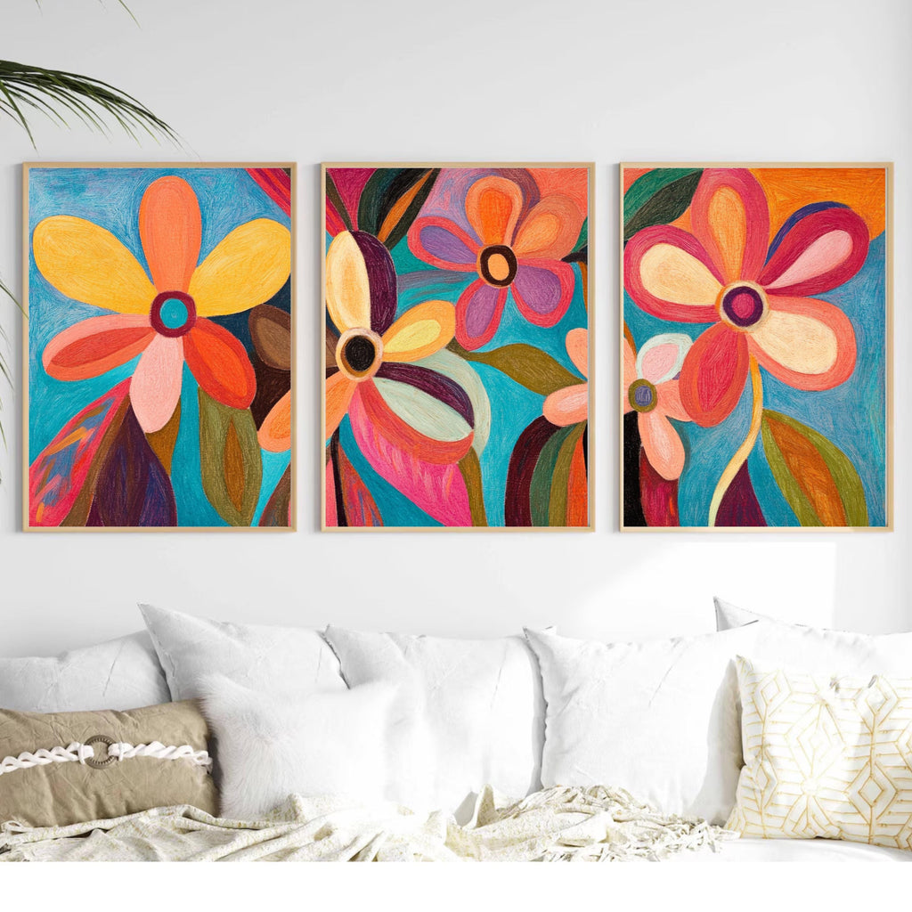 Vibrant Floral Abstraction – Modern Colorful Flower Wall Art Print Set | Contemporary Pastel Botanical Art for Boho & Eclectic Decor
